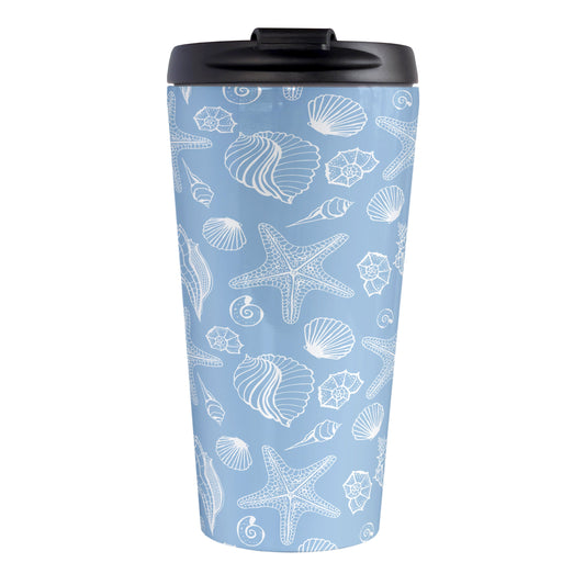 White Seashell Pattern Blue Beach Travel Mug (15oz, stainless steel insulated) at Amy's Coffee Mugs. A travel mug designed with a white seashell line drawing pattern over a blue background that wraps around the travel mug.