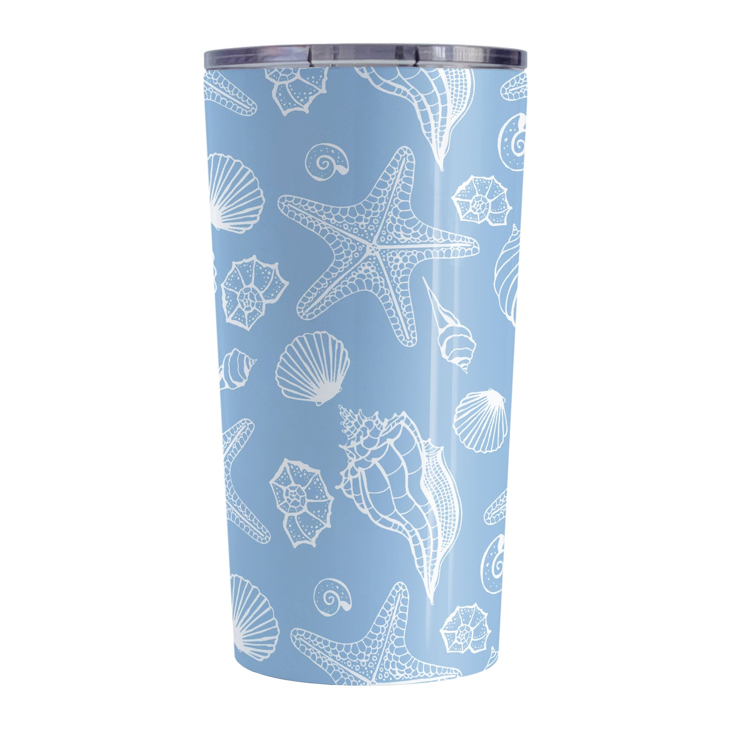 White Seashell Pattern Blue Beach Tumbler Cup (20oz, stainless steel insulated) at Amy's Coffee Mugs. A Tumbler Cup designed with a white seashell line drawing pattern over a blue background that wraps around the cup.