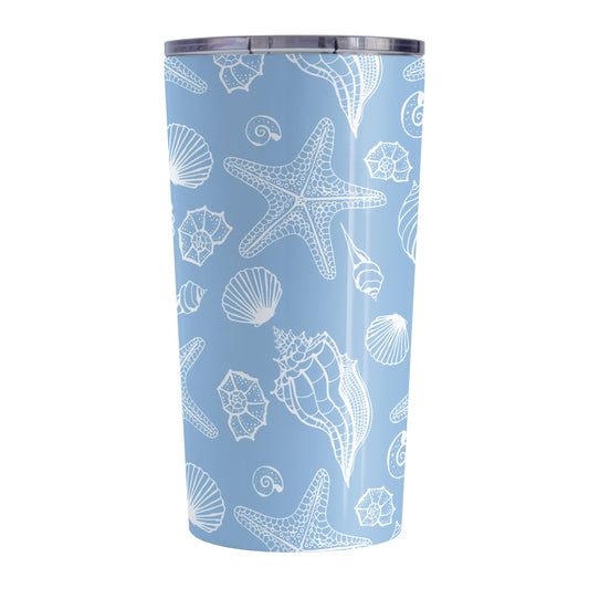 White Seashell Pattern Blue Beach Tumbler Cup (20oz, stainless steel insulated) at Amy's Coffee Mugs. A Tumbler Cup designed with a white seashell line drawing pattern over a blue background that wraps around the cup.