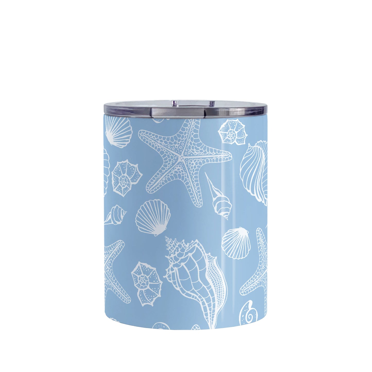 White Seashell Pattern Blue Beach Tumbler Cup (10oz, stainless steel insulated) at Amy's Coffee Mugs. A Tumbler Cup designed with a white seashell line drawing pattern over a blue background that wraps around the cup.