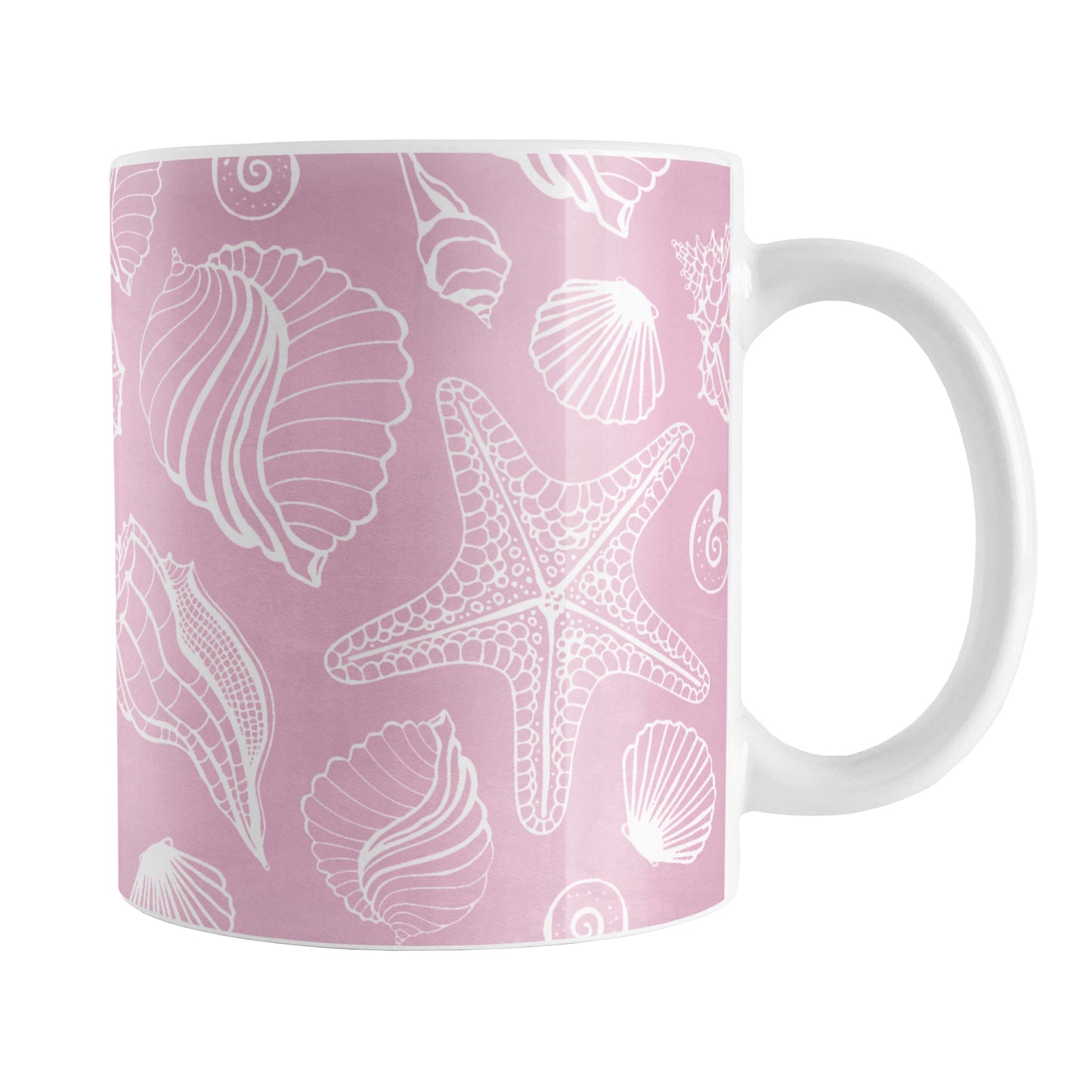 White Seashell Pattern Pink Beach Mug (11oz) at Amy's Coffee Mugs. A ceramic coffee mug designed with a pattern of white seashell line drawings over a pink background that wraps around the mug up to the handle.