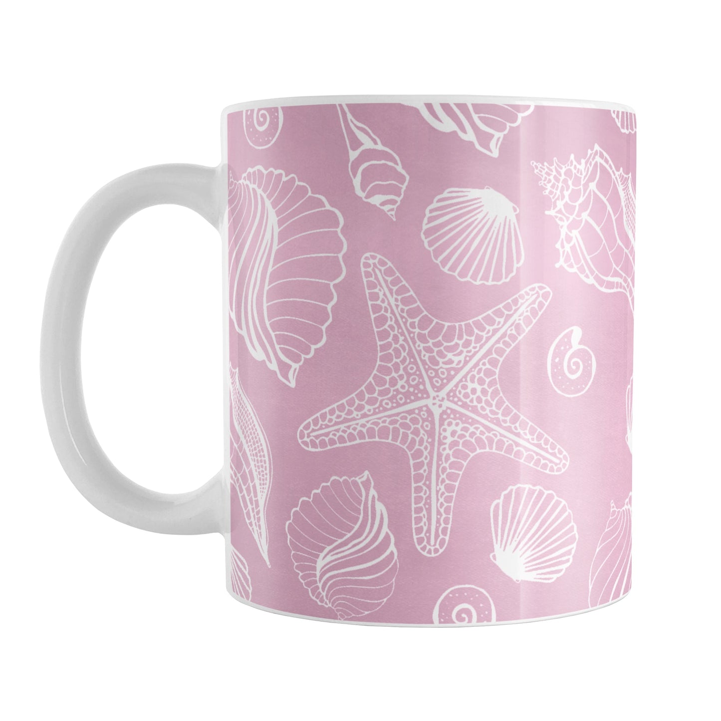 White Seashell Pattern Pink Beach Mug (11oz) at Amy's Coffee Mugs. A ceramic coffee mug designed with a pattern of white seashell line drawings over a pink background that wraps around the mug up to the handle.