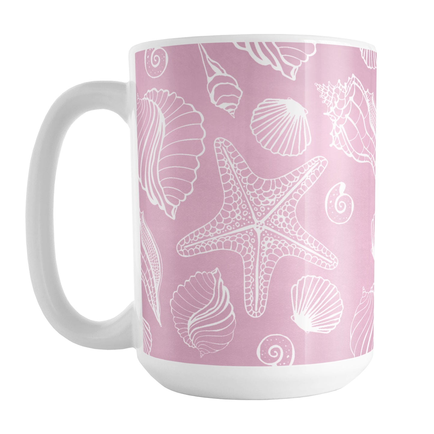 White Seashell Pattern Pink Beach Mug (15oz) at Amy's Coffee Mugs. A ceramic coffee mug designed with a pattern of white seashell line drawings over a pink background that wraps around the mug up to the handle.