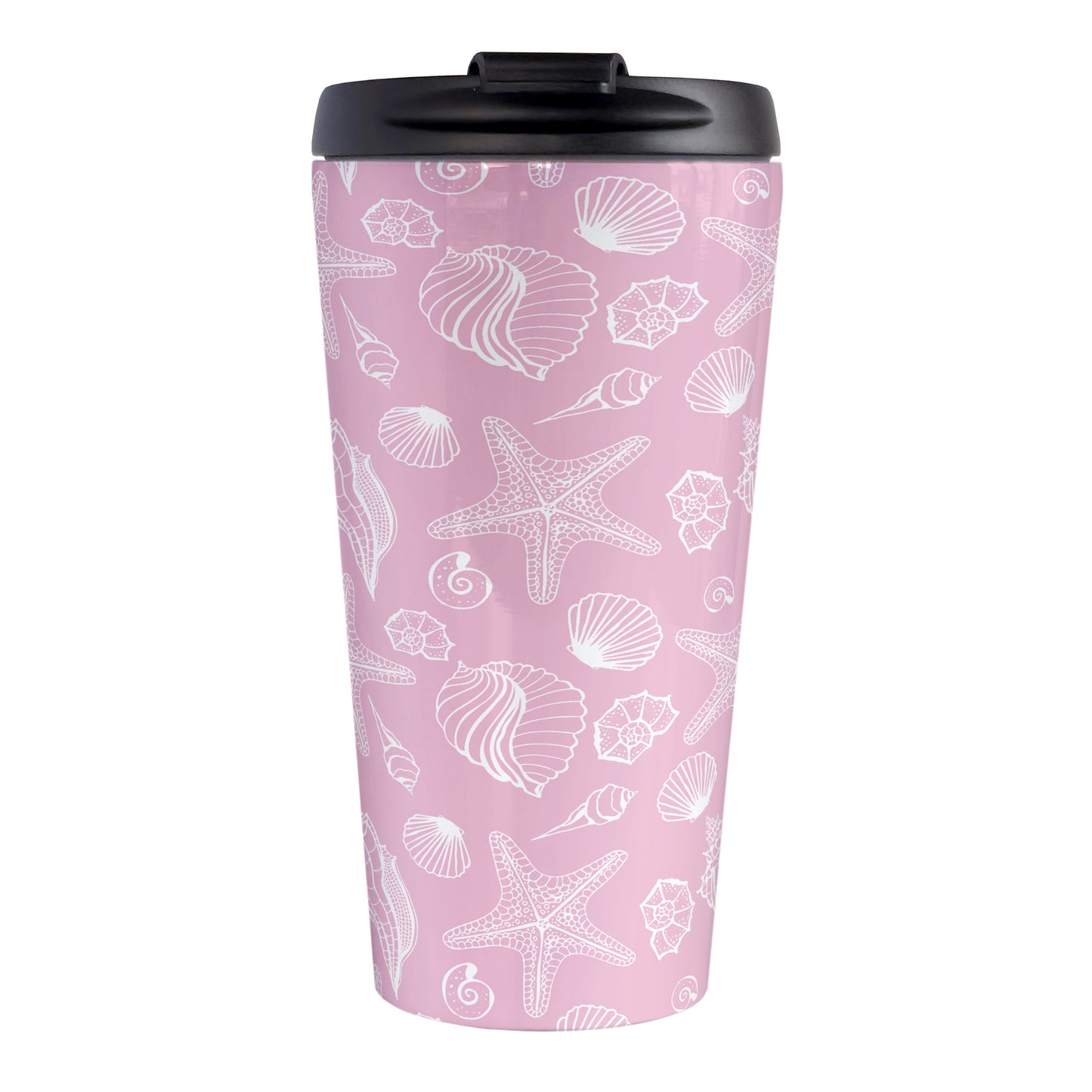 White Seashell Pattern Pink Beach Travel Mug (15oz, stainless steel insulated) at Amy's Coffee Mugs. A travel mug designed with a white seashell line drawing pattern over a pink background that wraps around the travel mug.
