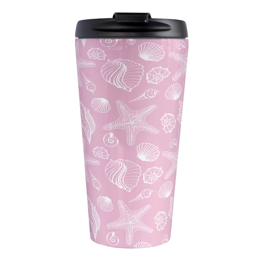 White Seashell Pattern Pink Beach Travel Mug (15oz, stainless steel insulated) at Amy's Coffee Mugs. A travel mug designed with a white seashell line drawing pattern over a pink background that wraps around the travel mug.
