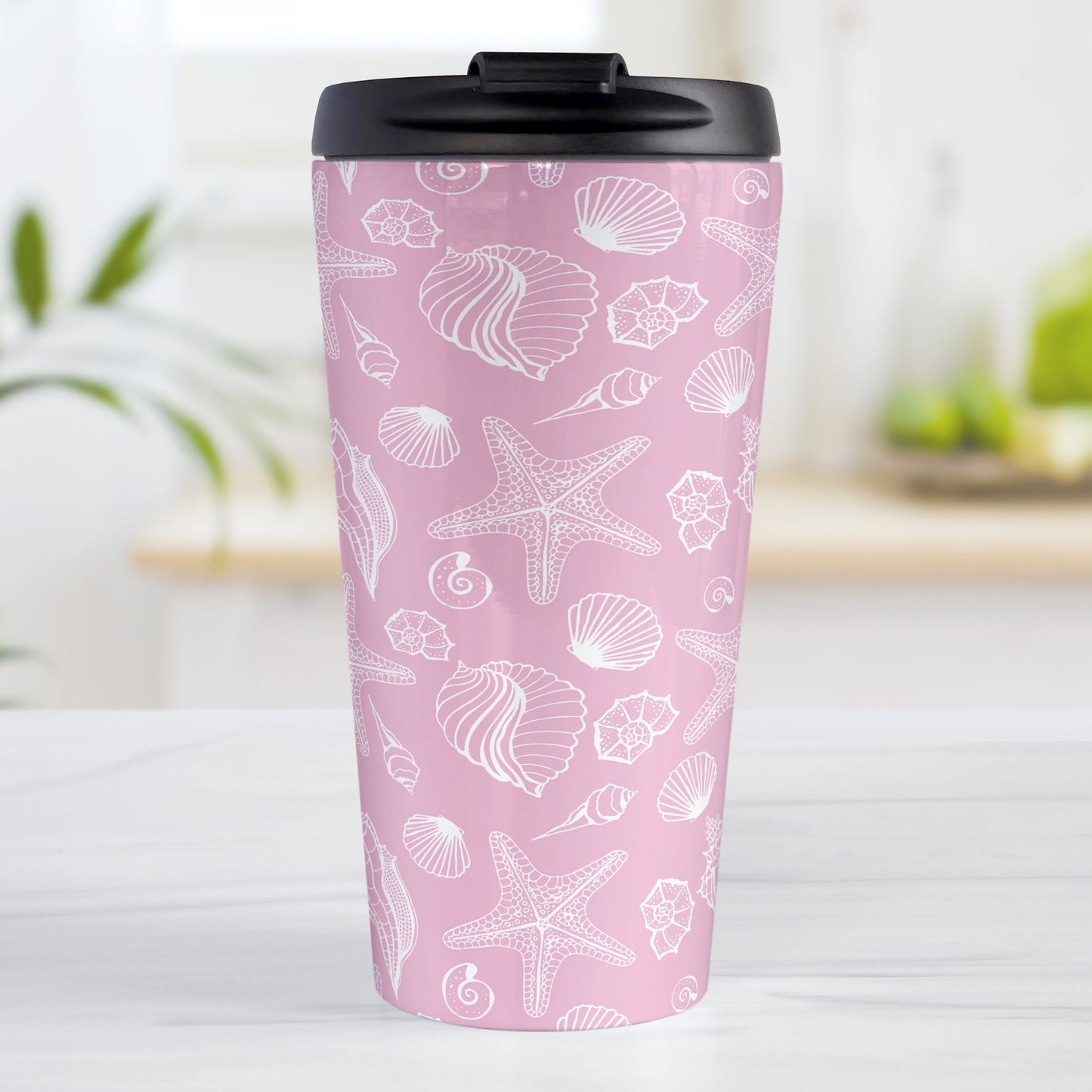 White Seashell Pattern Pink Beach Travel Mug (15oz, stainless steel insulated) at Amy's Coffee Mugs. A travel mug designed with a white seashell line drawing pattern over a pink background that wraps around the travel mug.