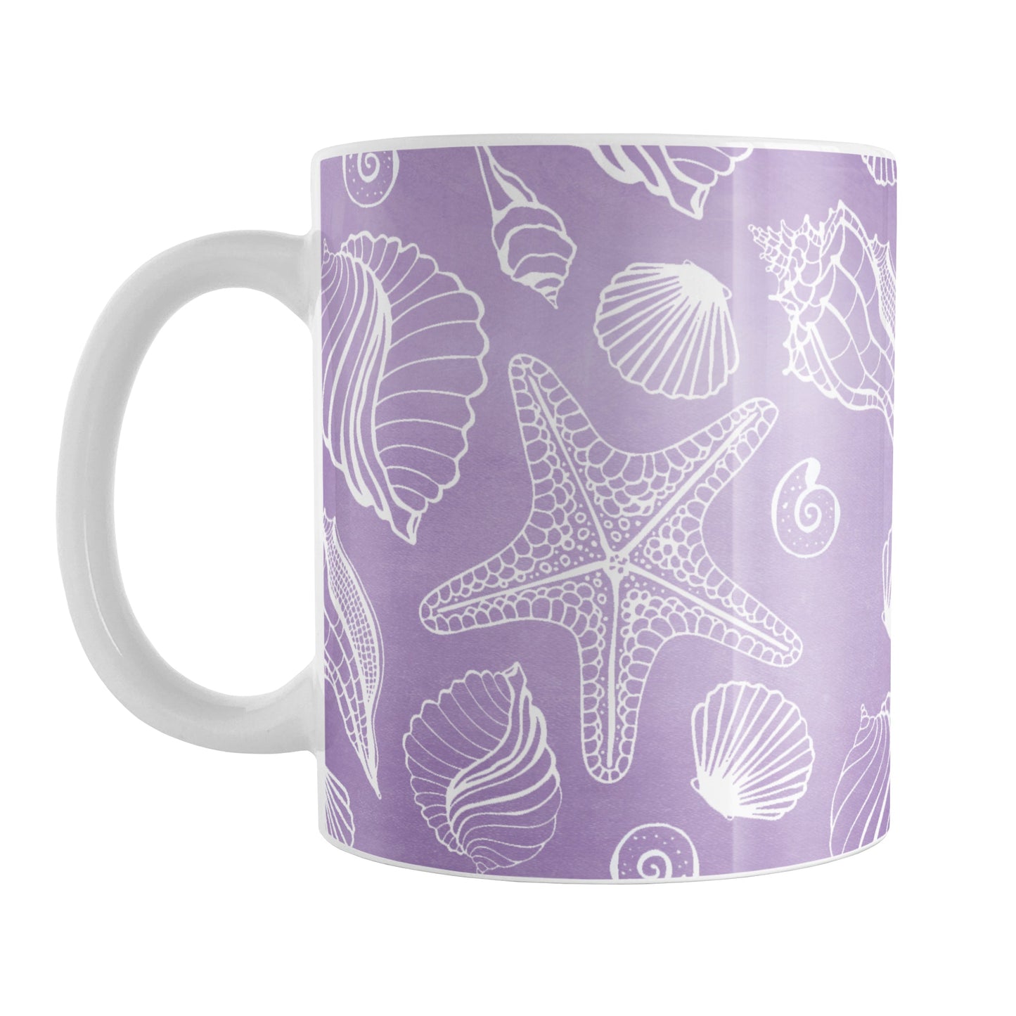 White Seashell Pattern Purple Beach Mug (11oz) at Amy's Coffee Mugs. A ceramic coffee mug designed with a pattern of white seashell line drawings over a purple background that wraps around the mug up to the handle.