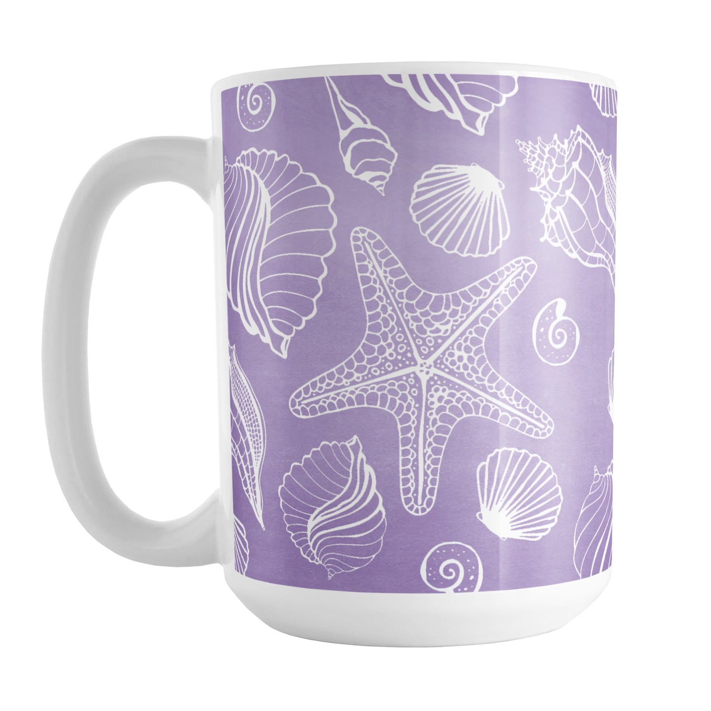White Seashell Pattern Purple Beach Mug (15oz) at Amy's Coffee Mugs. A ceramic coffee mug designed with a pattern of white seashell line drawings over a purple background that wraps around the mug up to the handle.