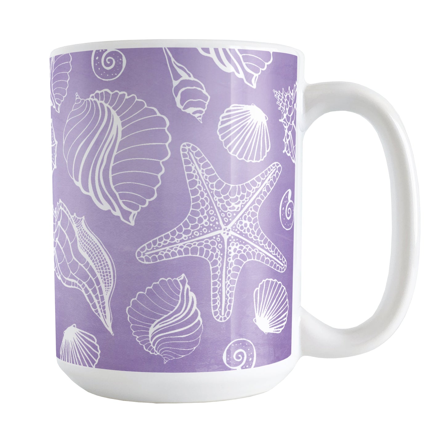 White Seashell Pattern Purple Beach Mug (15oz) at Amy's Coffee Mugs. A ceramic coffee mug designed with a pattern of white seashell line drawings over a purple background that wraps around the mug up to the handle.