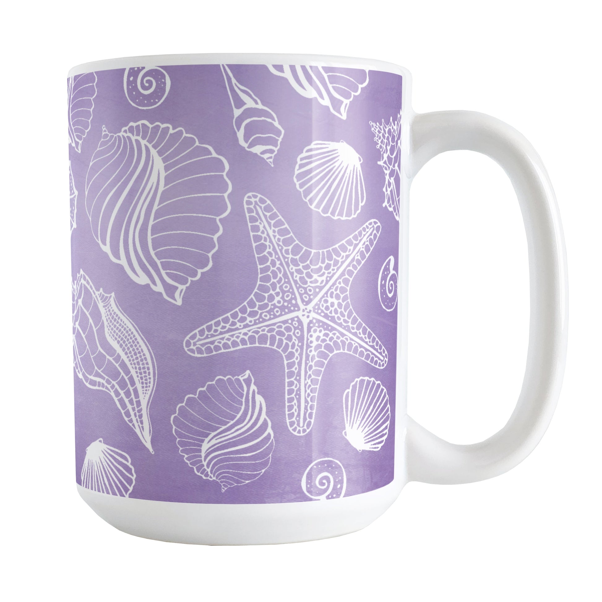 White Seashell Pattern Purple Beach Mug (15oz) at Amy's Coffee Mugs. A ceramic coffee mug designed with a pattern of white seashell line drawings over a purple background that wraps around the mug up to the handle.