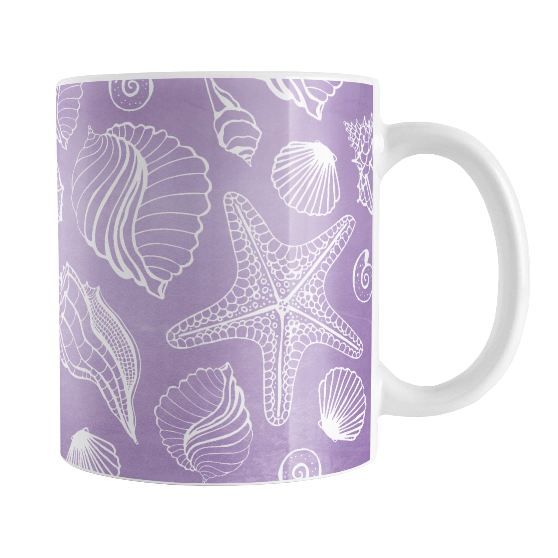 White Seashell Pattern Purple Beach Mug (11oz) at Amy's Coffee Mugs. A ceramic coffee mug designed with a pattern of white seashell line drawings over a purple background that wraps around the mug up to the handle.