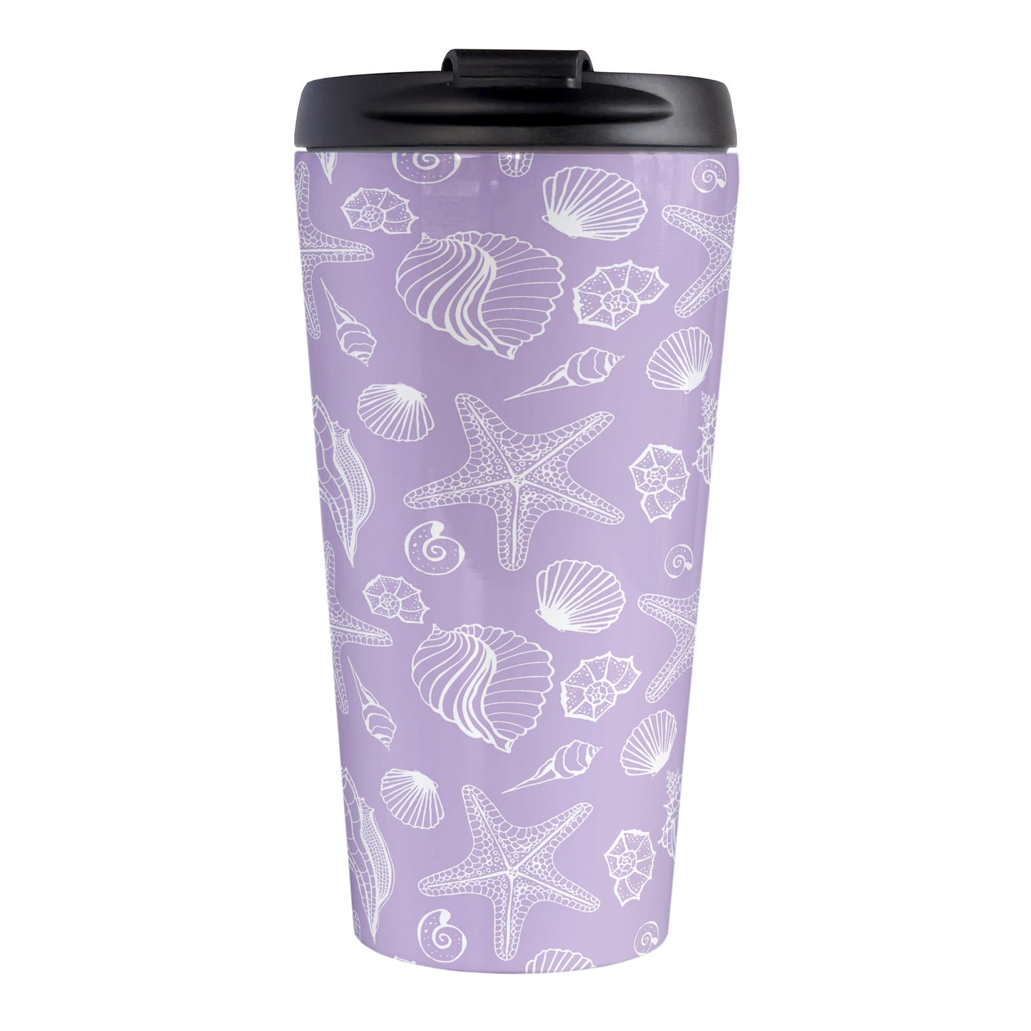 White Seashell Pattern Purple Beach Travel Mug (15oz, stainless steel insulated) at Amy's Coffee Mugs. A travel mug designed with a white seashell line drawing pattern over a purple background that wraps around the travel mug.