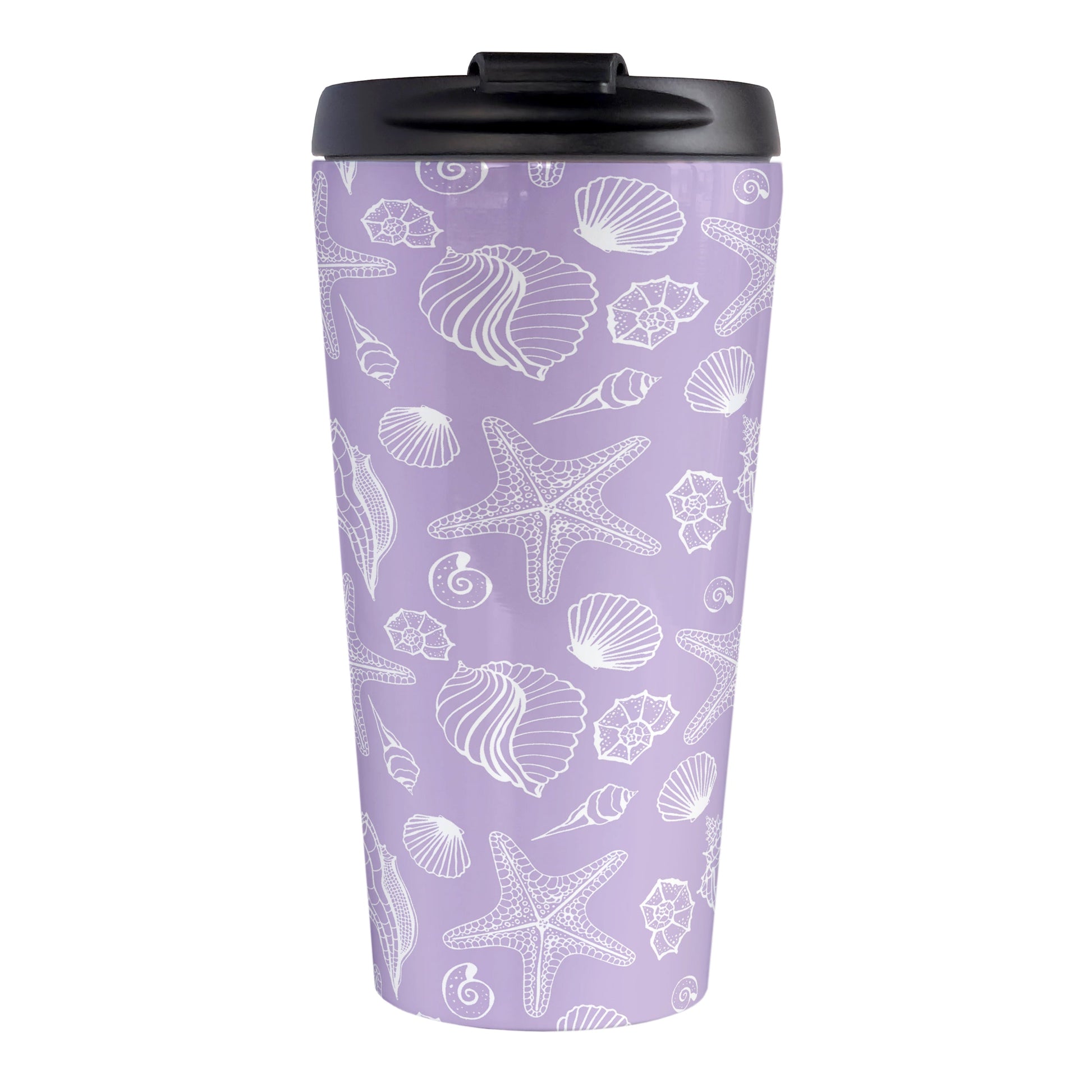 White Seashell Pattern Purple Beach Travel Mug (15oz, stainless steel insulated) at Amy's Coffee Mugs. A travel mug designed with a white seashell line drawing pattern over a purple background that wraps around the travel mug.
