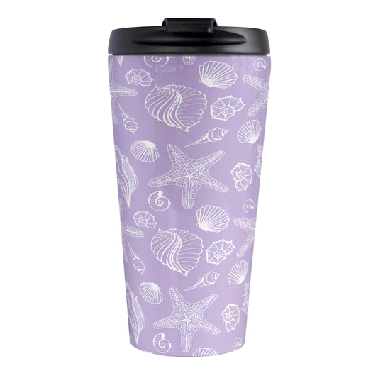 White Seashell Pattern Purple Beach Travel Mug (15oz, stainless steel insulated) at Amy's Coffee Mugs. A travel mug designed with a white seashell line drawing pattern over a purple background that wraps around the travel mug.