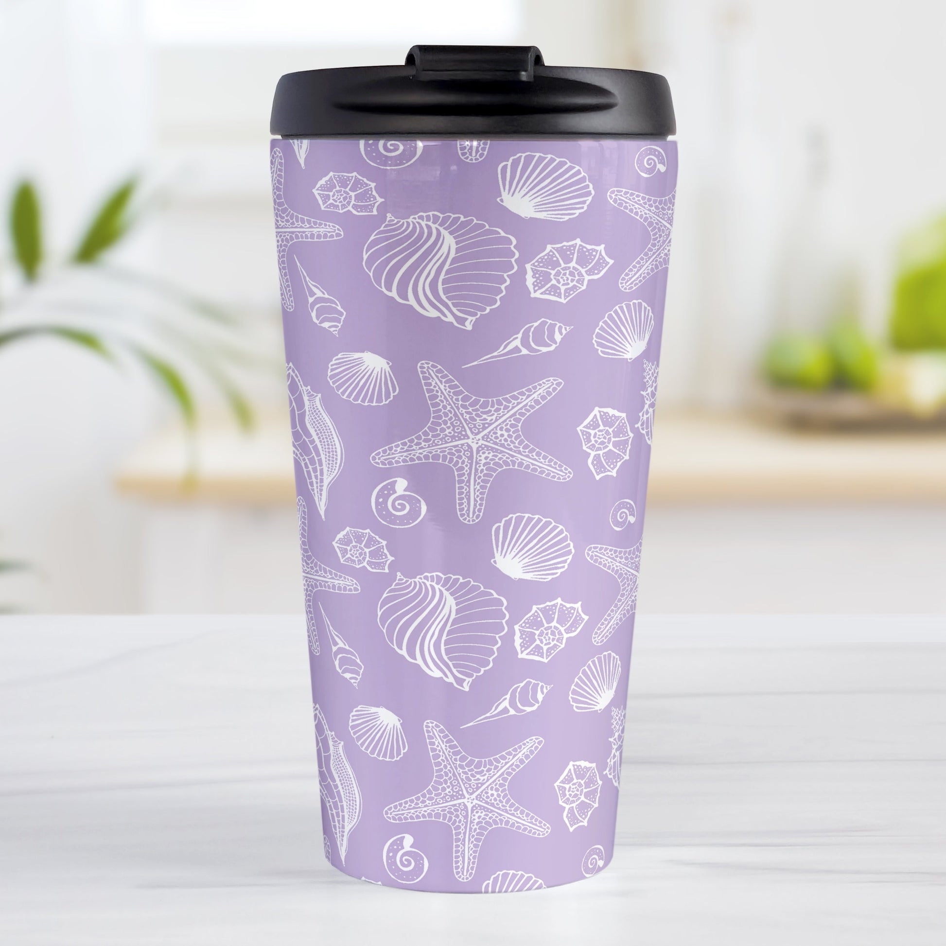 White Seashell Pattern Purple Beach Travel Mug (15oz, stainless steel insulated) at Amy's Coffee Mugs. A travel mug designed with a white seashell line drawing pattern over a purple background that wraps around the travel mug.