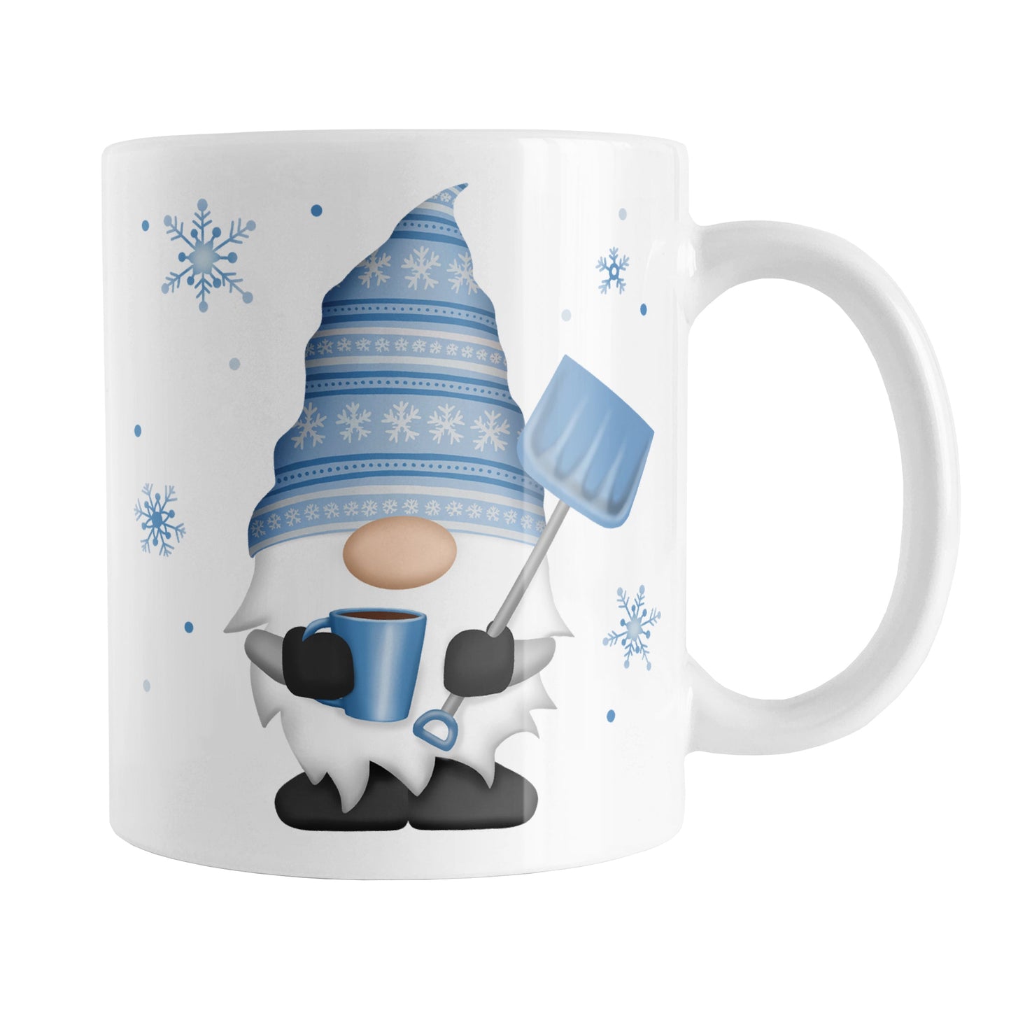 Winter Snowflake Gnome Mug (11oz) at Amy's Coffee Mugs. A ceramic coffee mug designed with a gnome with a festive blue snowflake hat and holding a hot beverage and snow shovel with snowflakes around it. This cute winter gnome illustration is on both sides of the mug.