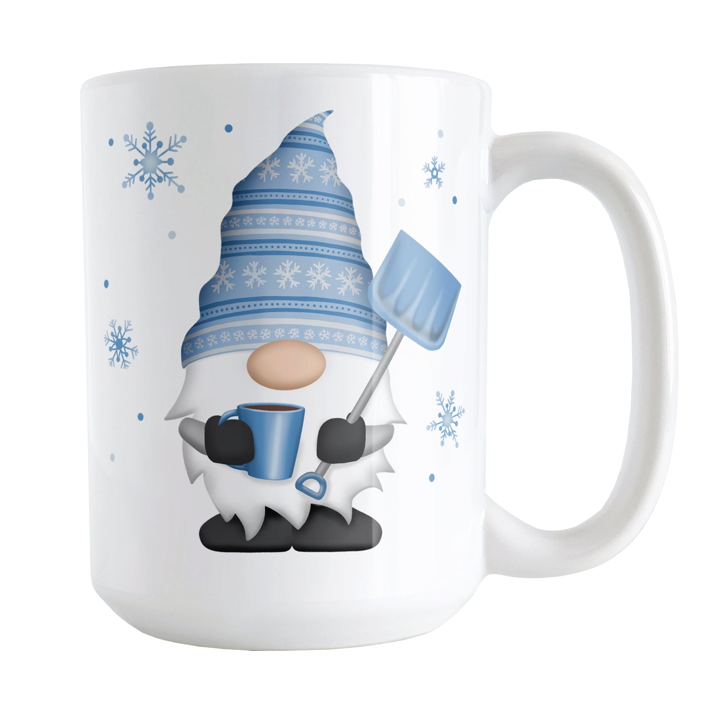 Winter Snowflake Gnome Mug (15oz) at Amy's Coffee Mugs. A ceramic coffee mug designed with a gnome with a festive blue snowflake hat and holding a hot beverage and snow shovel with snowflakes around it. This cute winter gnome illustration is on both sides of the mug.