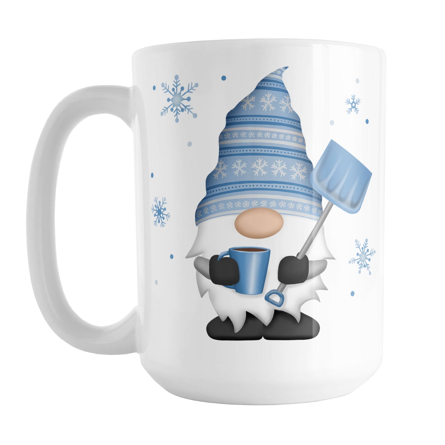 Winter Snowflake Gnome Mug (15oz) at Amy's Coffee Mugs. A ceramic coffee mug designed with a gnome with a festive blue snowflake hat and holding a hot beverage and snow shovel with snowflakes around it. This cute winter gnome illustration is on both sides of the mug.