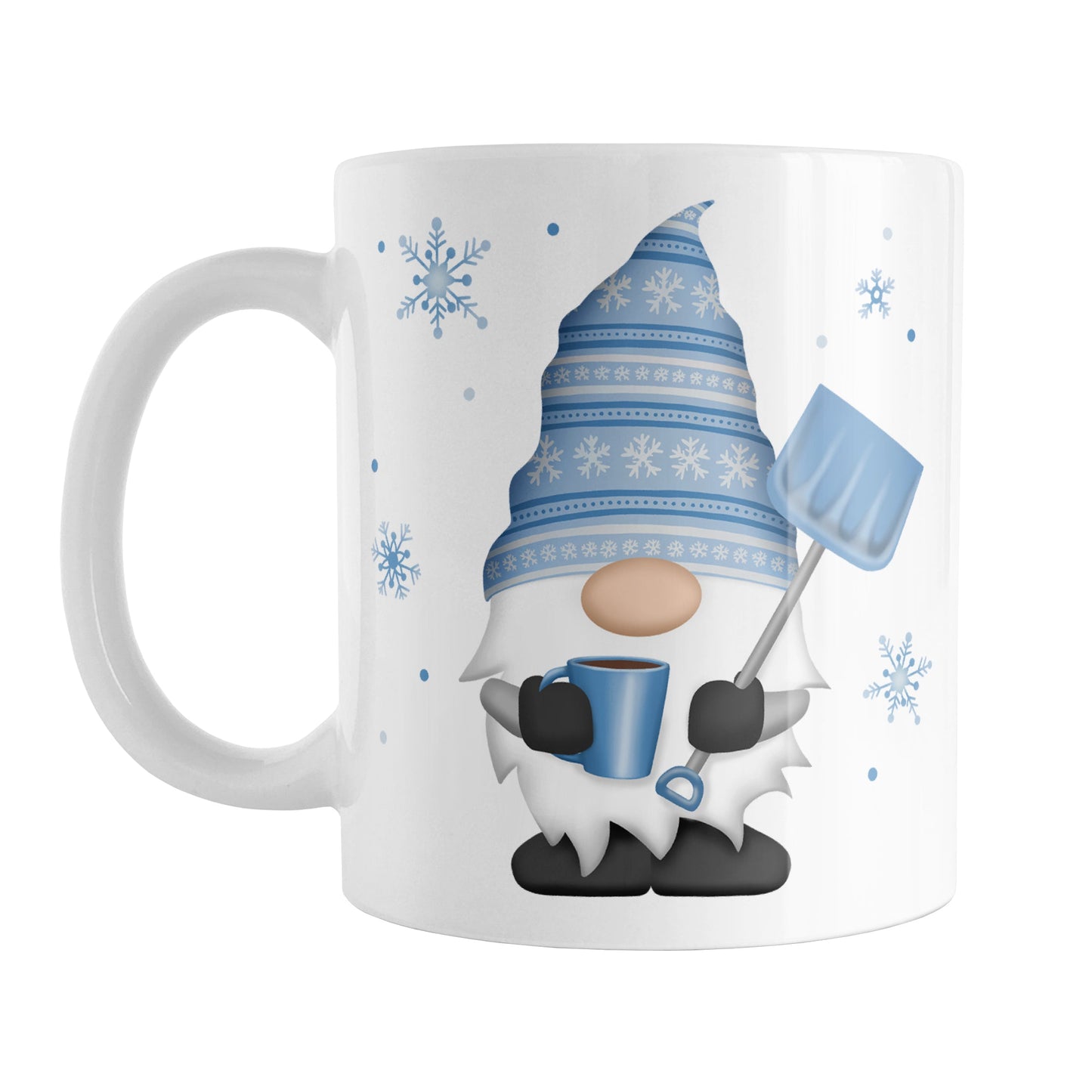 Winter Snowflake Gnome Mug (11oz) at Amy's Coffee Mugs. A ceramic coffee mug designed with a gnome with a festive blue snowflake hat and holding a hot beverage and snow shovel with snowflakes around it. This cute winter gnome illustration is on both sides of the mug.