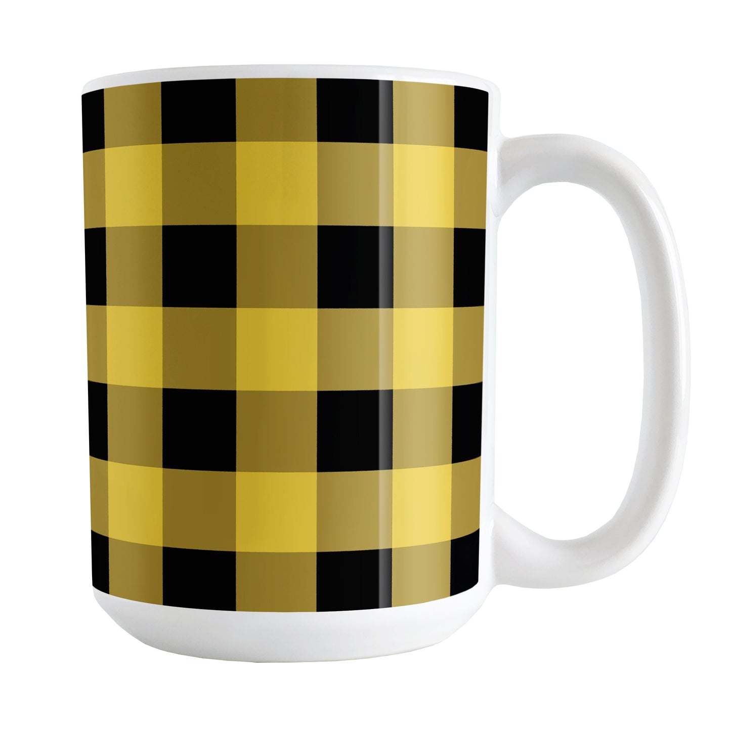 Yellow and Black Buffalo Plaid Mug (15oz) at Amy's Coffee Mugs. A ceramic coffee mug designed with a buffalo plaid pattern in yellow and black that wraps around the mug up to the handle.