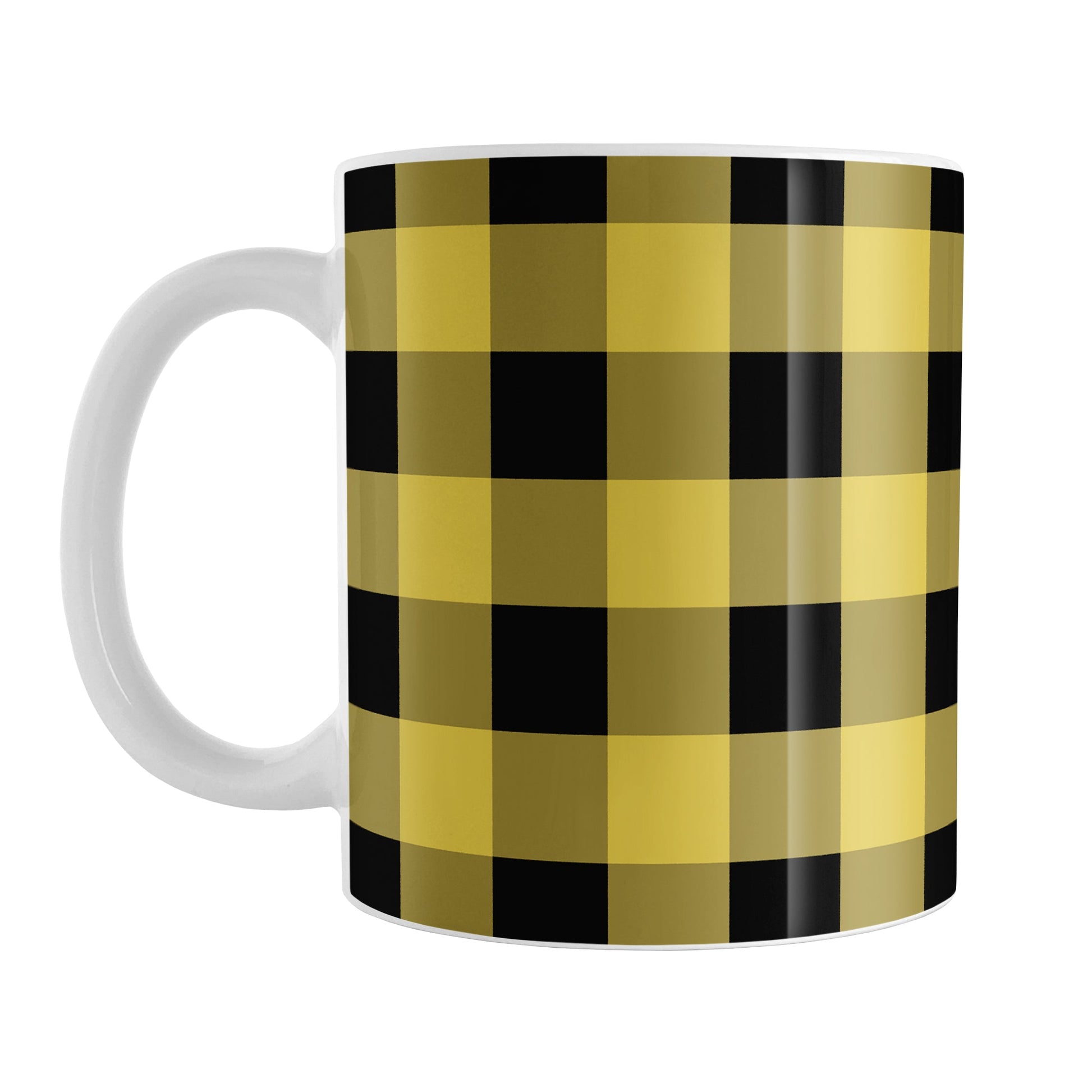 Yellow and Black Buffalo Plaid Mug (11oz) at Amy's Coffee Mugs. A ceramic coffee mug designed with a buffalo plaid pattern in yellow and black that wraps around the mug up to the handle.