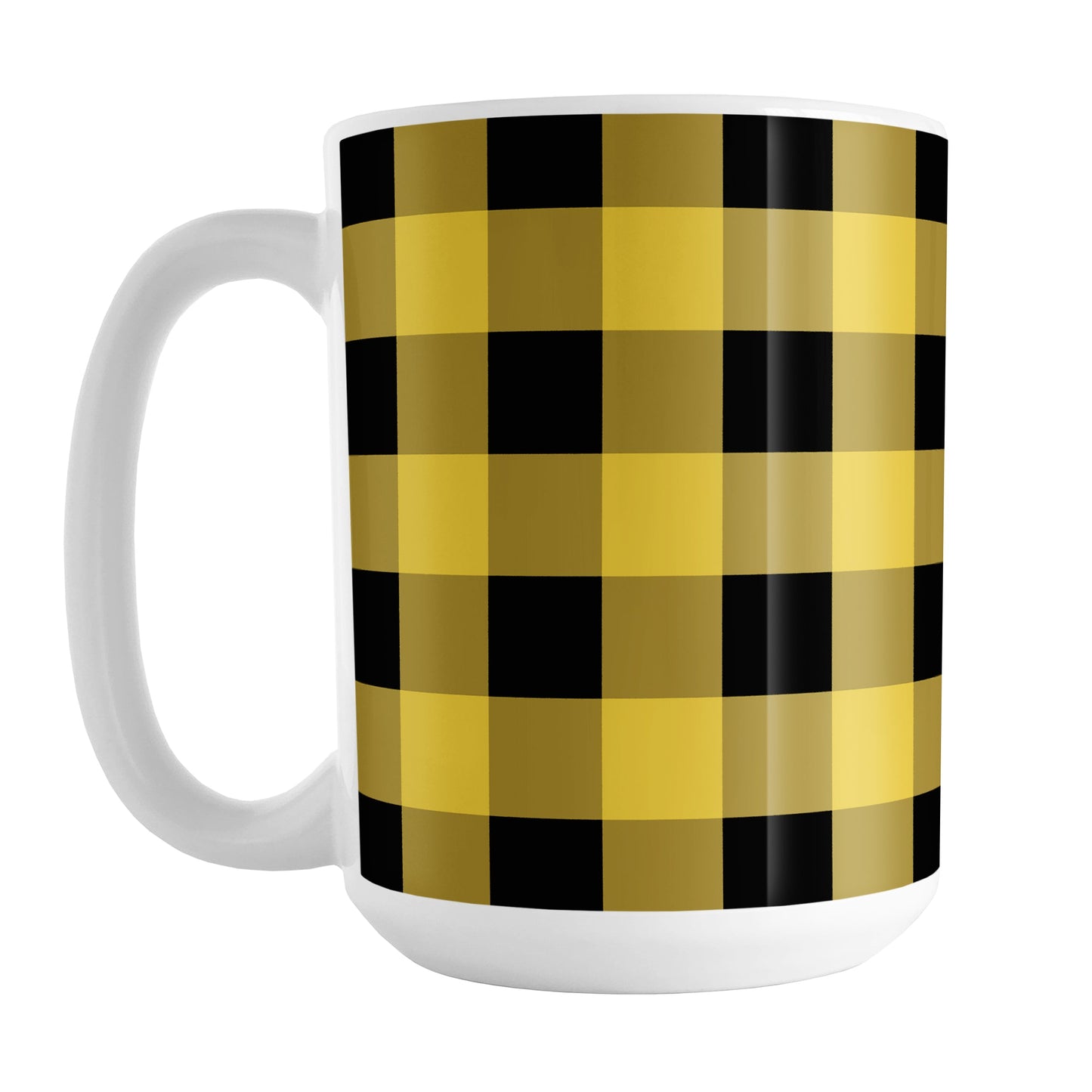 Yellow and Black Buffalo Plaid Mug (15oz) at Amy's Coffee Mugs. A ceramic coffee mug designed with a buffalo plaid pattern in yellow and black that wraps around the mug up to the handle.