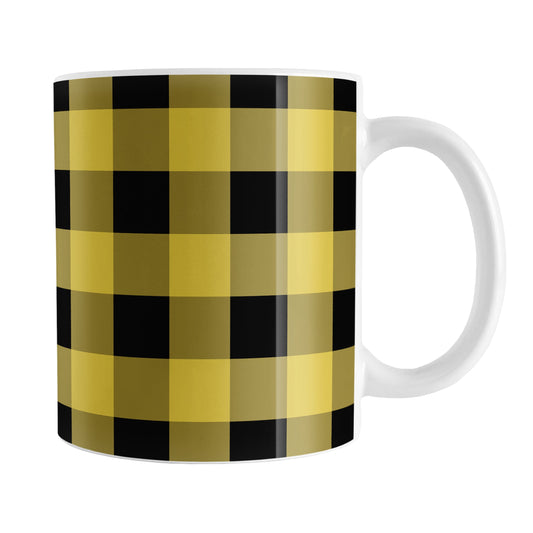 Yellow and Black Buffalo Plaid Mug (11oz) at Amy's Coffee Mugs. A ceramic coffee mug designed with a buffalo plaid pattern in yellow and black that wraps around the mug up to the handle.