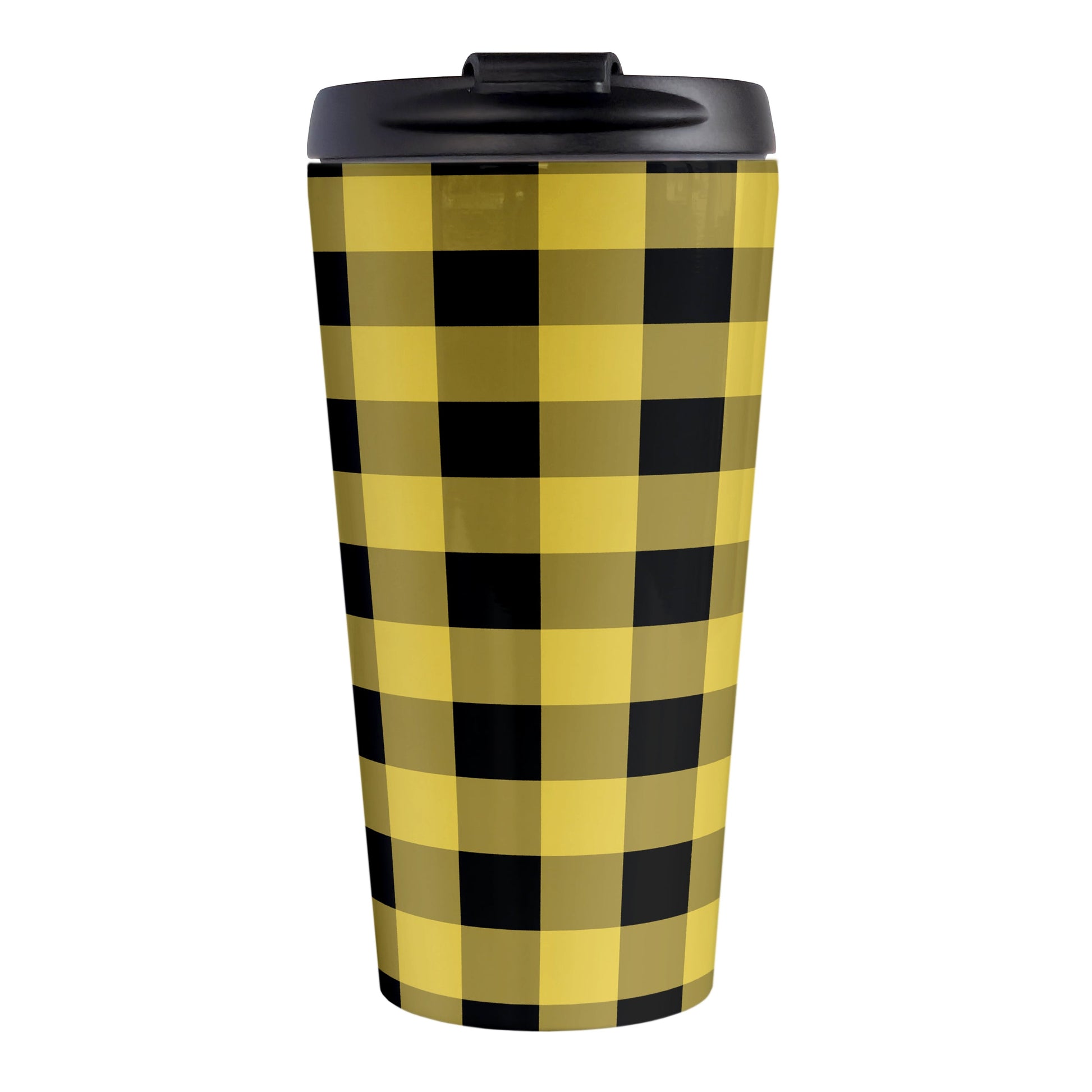 Yellow and Black Buffalo Plaid Travel Mug (15oz, stainless steel insulated) at Amy's Coffee Mugs. A travel mug designed with a buffalo plaid pattern in yellow and black that wraps around the travel mug.