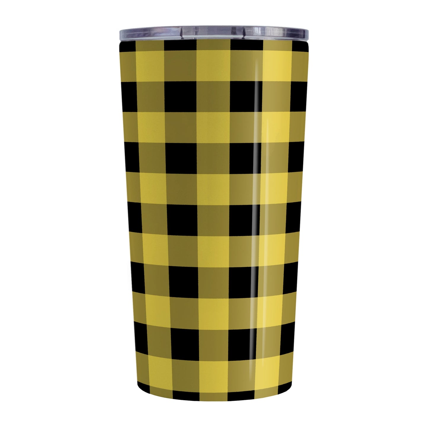 Yellow and Black Buffalo Plaid Tumbler Cup (20oz, stainless steel insulated) at Amy's Coffee Mugs. A tumbler cup designed with a buffalo plaid pattern in black and yellow that wraps around the cup.