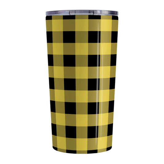 Yellow and Black Buffalo Plaid Tumbler Cup (20oz, stainless steel insulated) at Amy's Coffee Mugs. A tumbler cup designed with a buffalo plaid pattern in black and yellow that wraps around the cup.