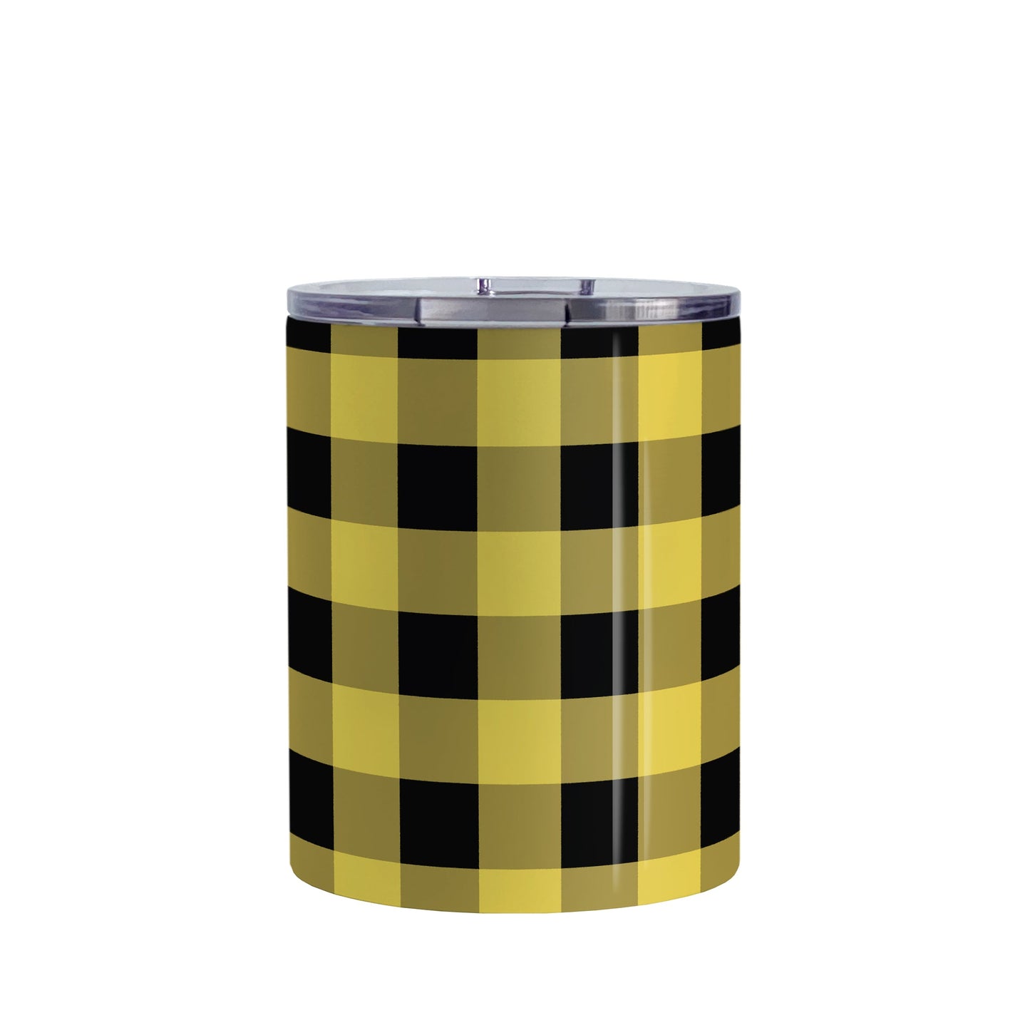 Yellow and Black Buffalo Plaid Tumbler Cup (10oz, stainless steel insulated) at Amy's Coffee Mugs. A tumbler cup designed with a buffalo plaid pattern in black and yellow that wraps around the cup.