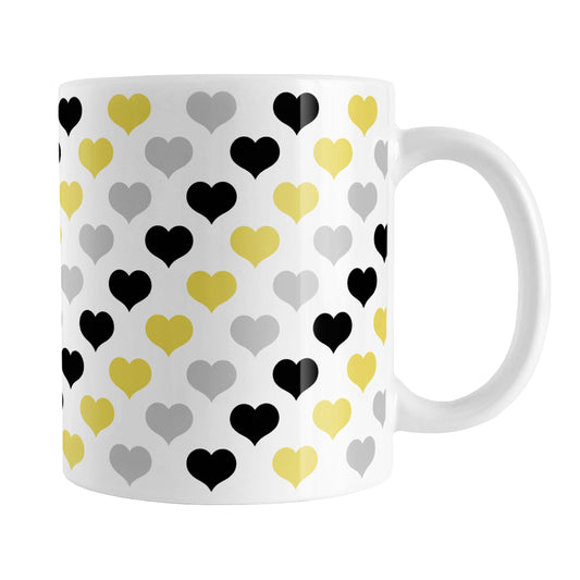 Yellow Black Gray Hearts Pattern Mug (11oz) at Amy's Coffee Mugs. A ceramic coffee mug designed with pattern of hearts in alternating colors of yellow black, and gray that wraps around the mug up to the handle.