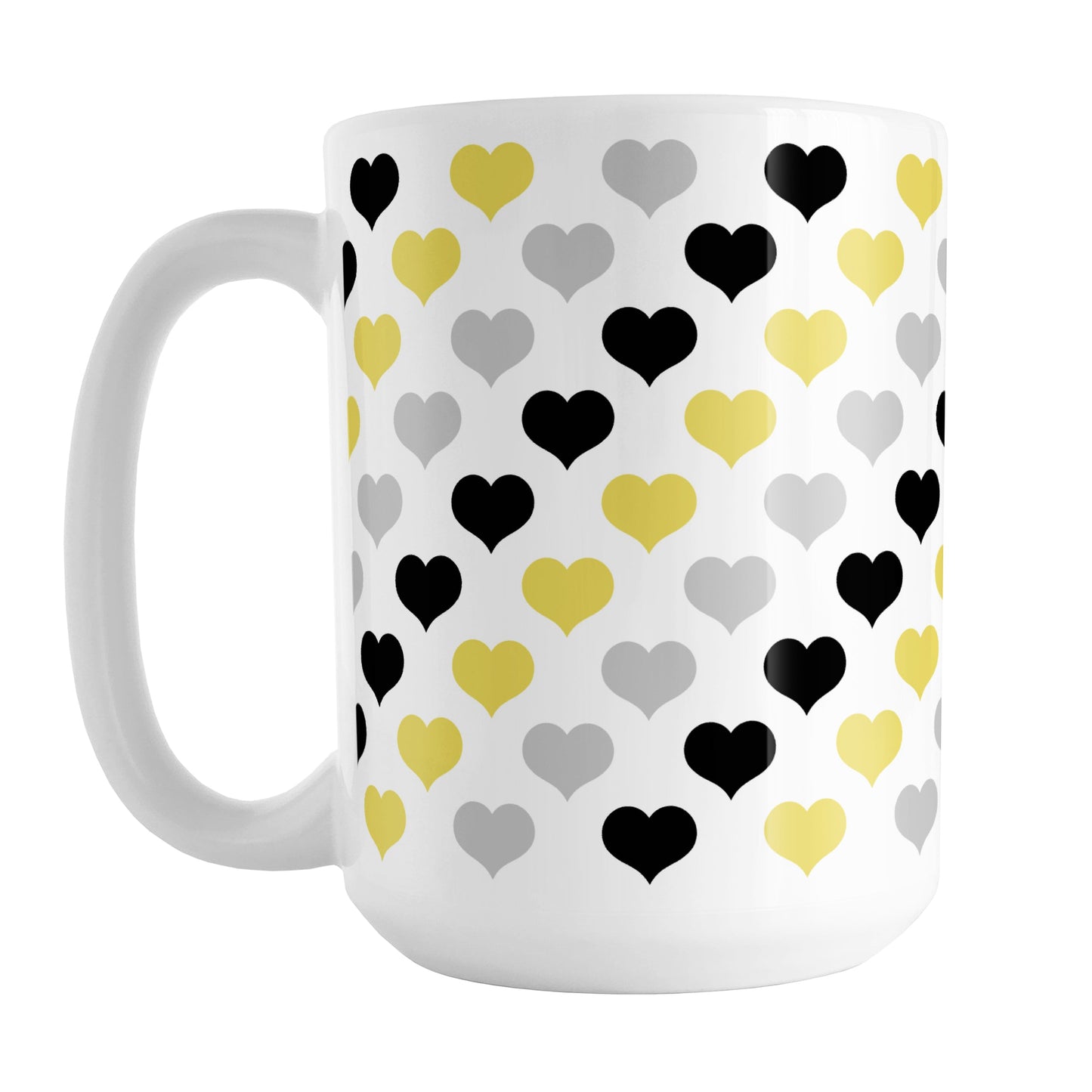 Yellow Black Gray Hearts Pattern Mug (15oz) at Amy's Coffee Mugs. A ceramic coffee mug designed with pattern of hearts in alternating colors of yellow black, and gray that wraps around the mug up to the handle.