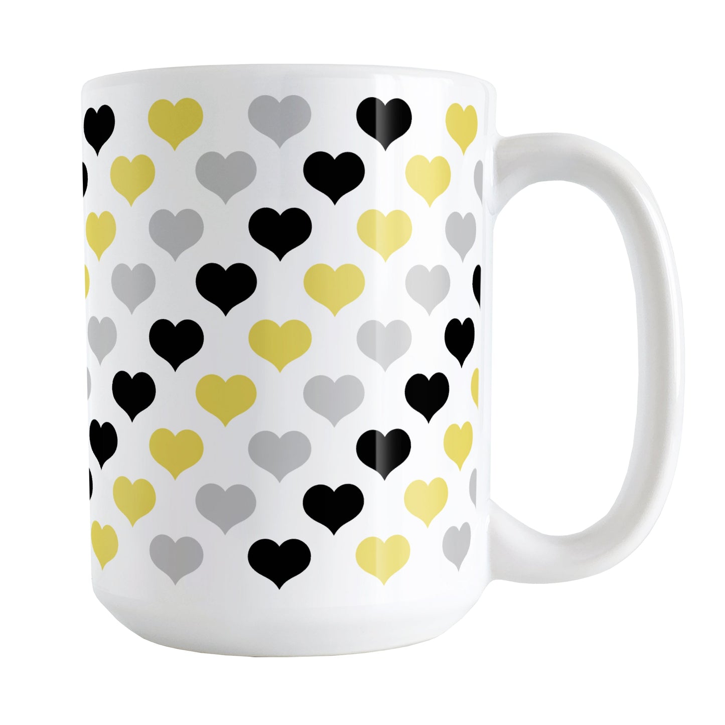 Yellow Black Gray Hearts Pattern Mug (15oz) at Amy's Coffee Mugs. A ceramic coffee mug designed with pattern of hearts in alternating colors of yellow black, and gray that wraps around the mug up to the handle.