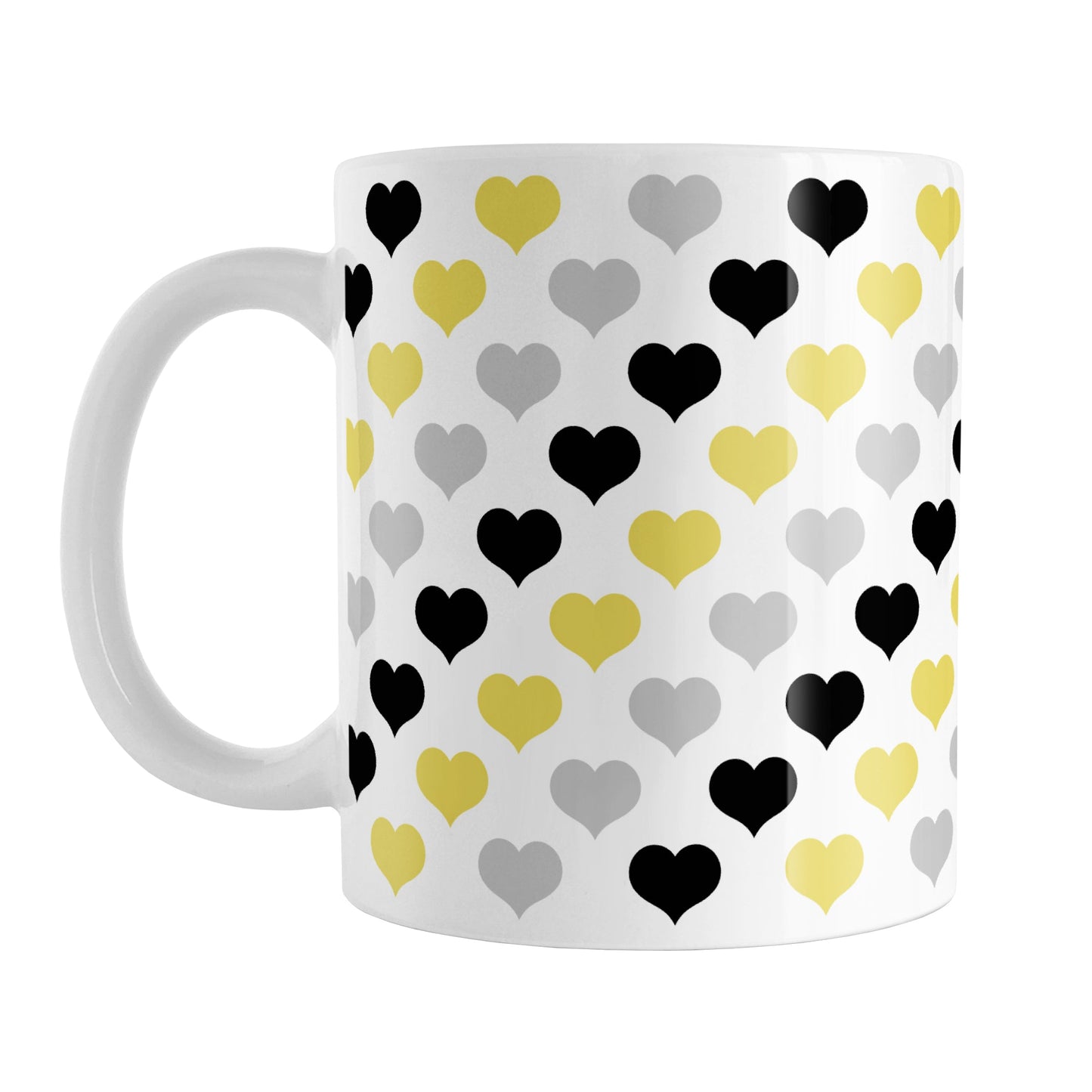 Yellow Black Gray Hearts Pattern Mug (11oz) at Amy's Coffee Mugs. A ceramic coffee mug designed with pattern of hearts in alternating colors of yellow black, and gray that wraps around the mug up to the handle.