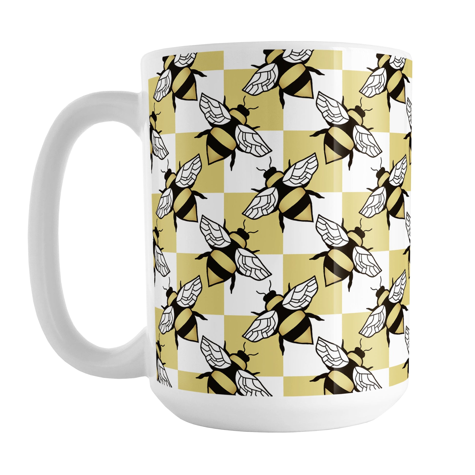 Yellow Checkered Bee Mug (15oz) at Amy's Coffee Mugs. A ceramic coffee mug designed with a an alternating pattern of black and yellow bees spaced evenly on the corners of a yellow and white checkered pattern that wraps around the mug up to the handle.