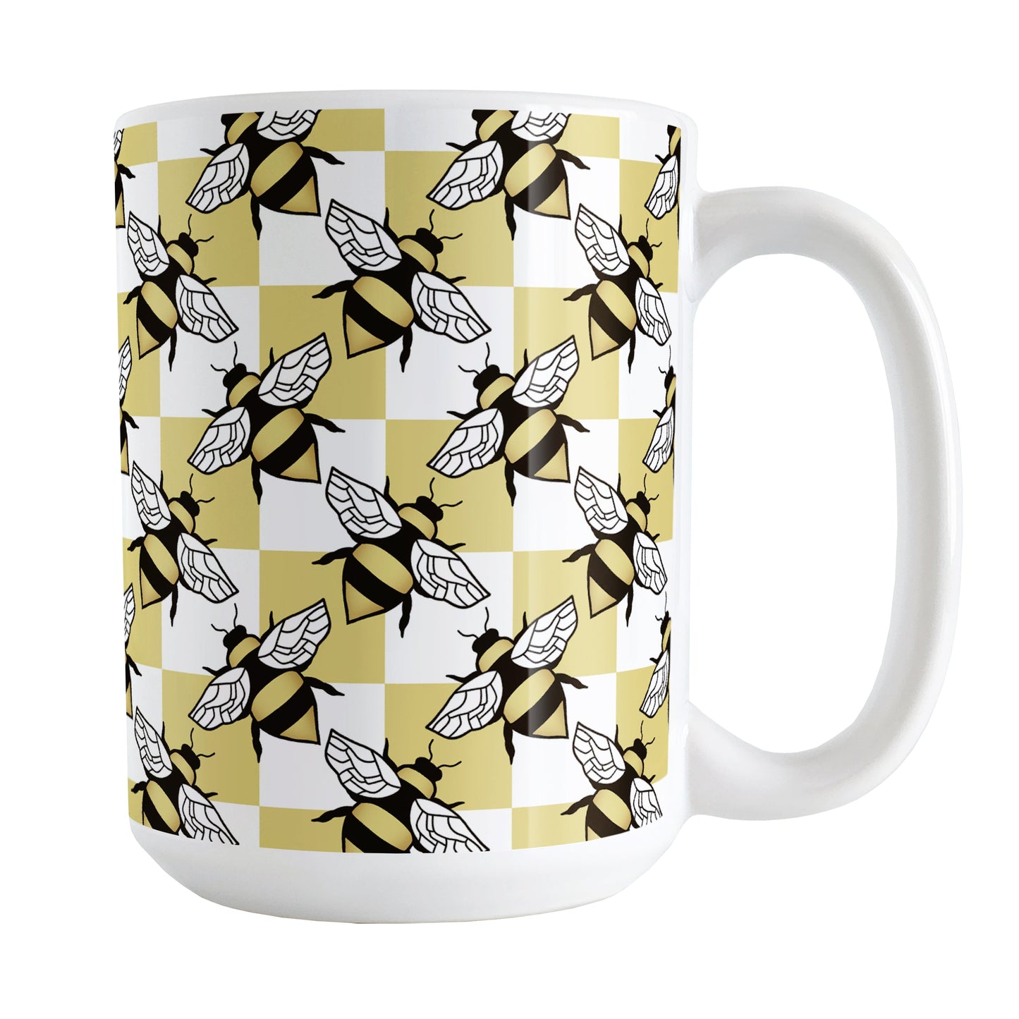 Yellow Checkered Bee Mug (15oz) at Amy's Coffee Mugs. A ceramic coffee mug designed with a an alternating pattern of black and yellow bees spaced evenly on the corners of a yellow and white checkered pattern that wraps around the mug up to the handle.