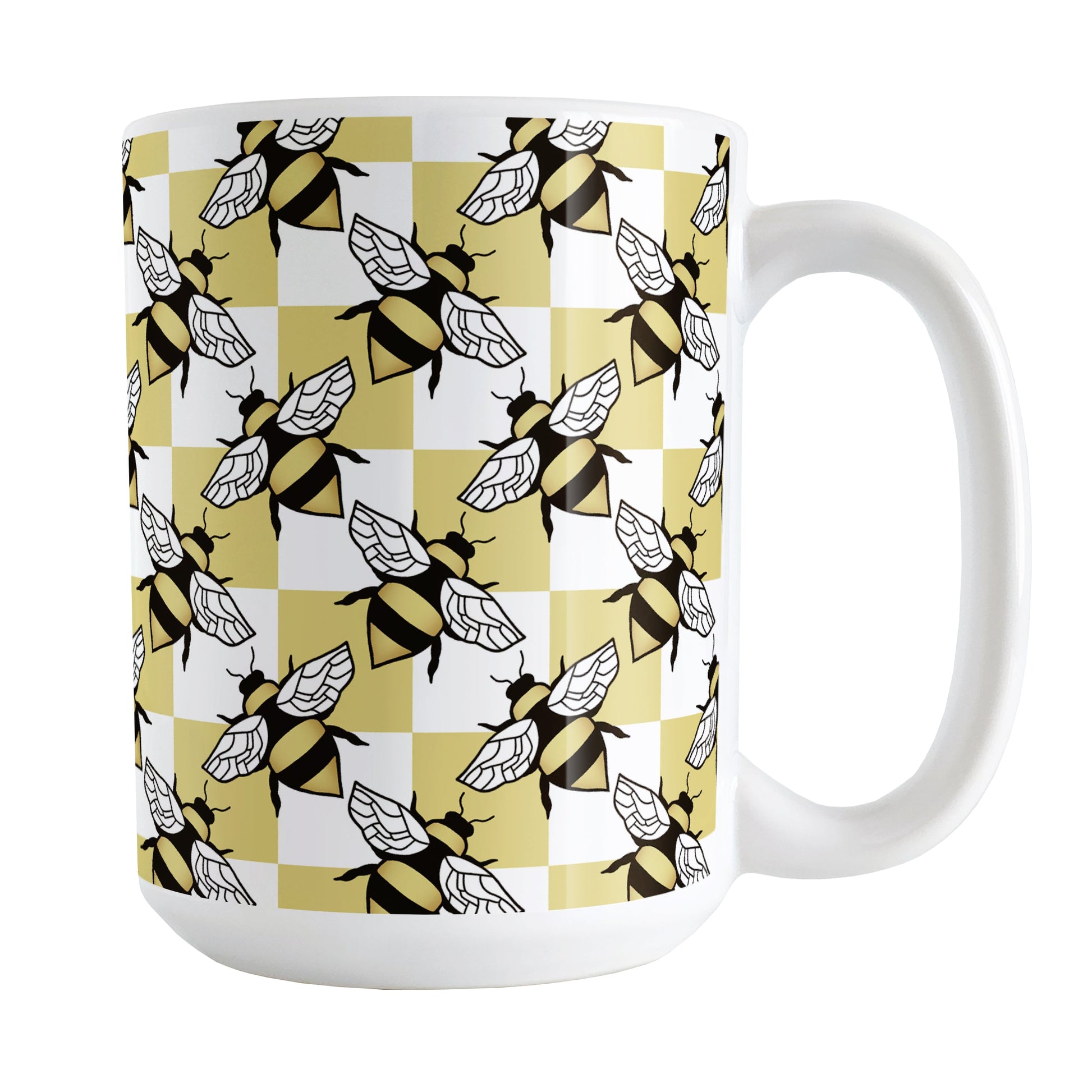 Yellow Checkered Bee Mug (15oz) at Amy's Coffee Mugs. A ceramic coffee mug designed with a an alternating pattern of black and yellow bees spaced evenly on the corners of a yellow and white checkered pattern that wraps around the mug up to the handle.