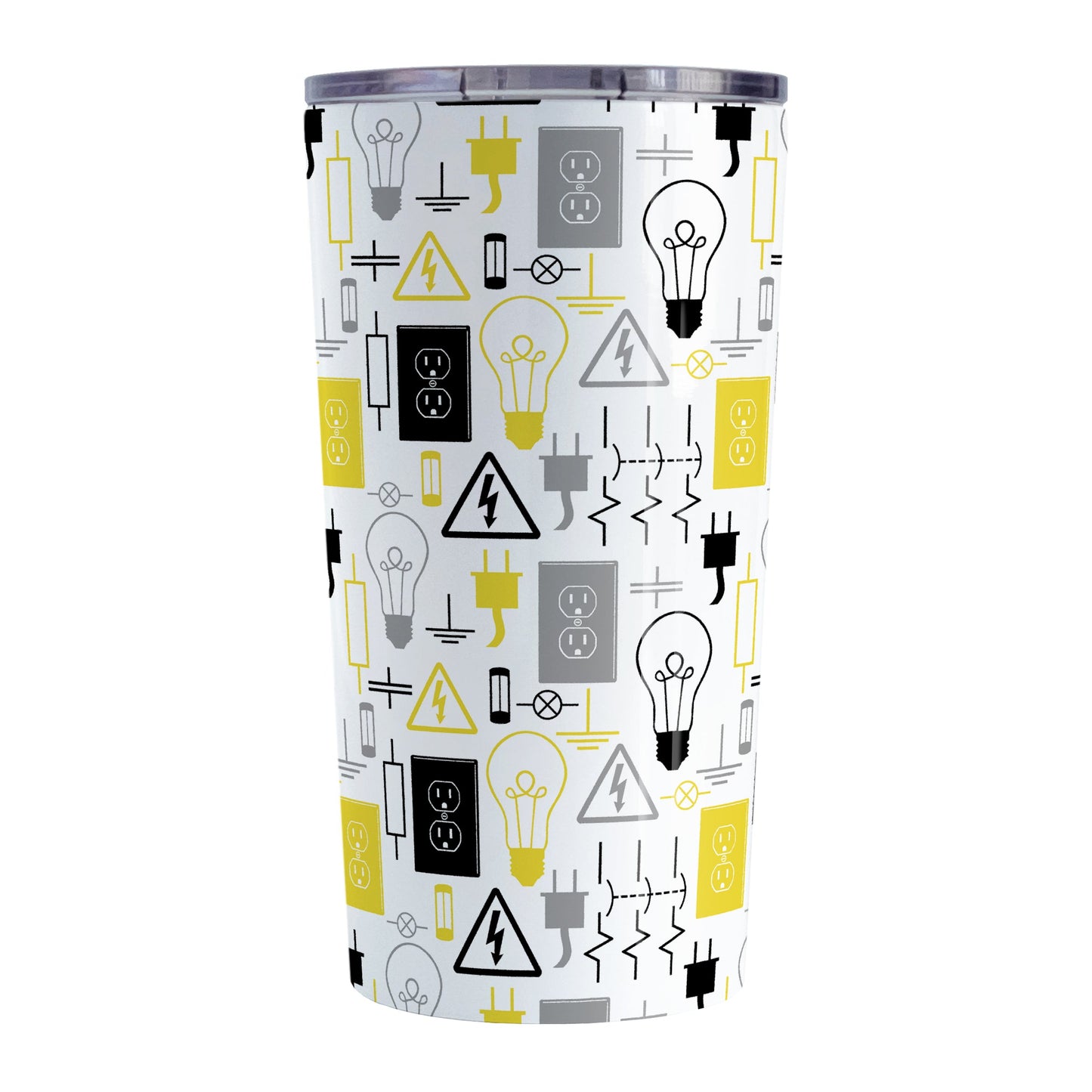 Yellow Electrical Electrician Tumbler Cup (20oz) at Amy's Coffee Mugs. A stainless steel insulated tumbler cup designed with an electrical pattern with light bulbs, wall sockets, plugs, fuses, and other electricity symbols in yellow, gray, and black colors that wraps around the cup. This cup is perfect for people who work a trade as an electrician, love working with electronics, and working in electrical engineering.