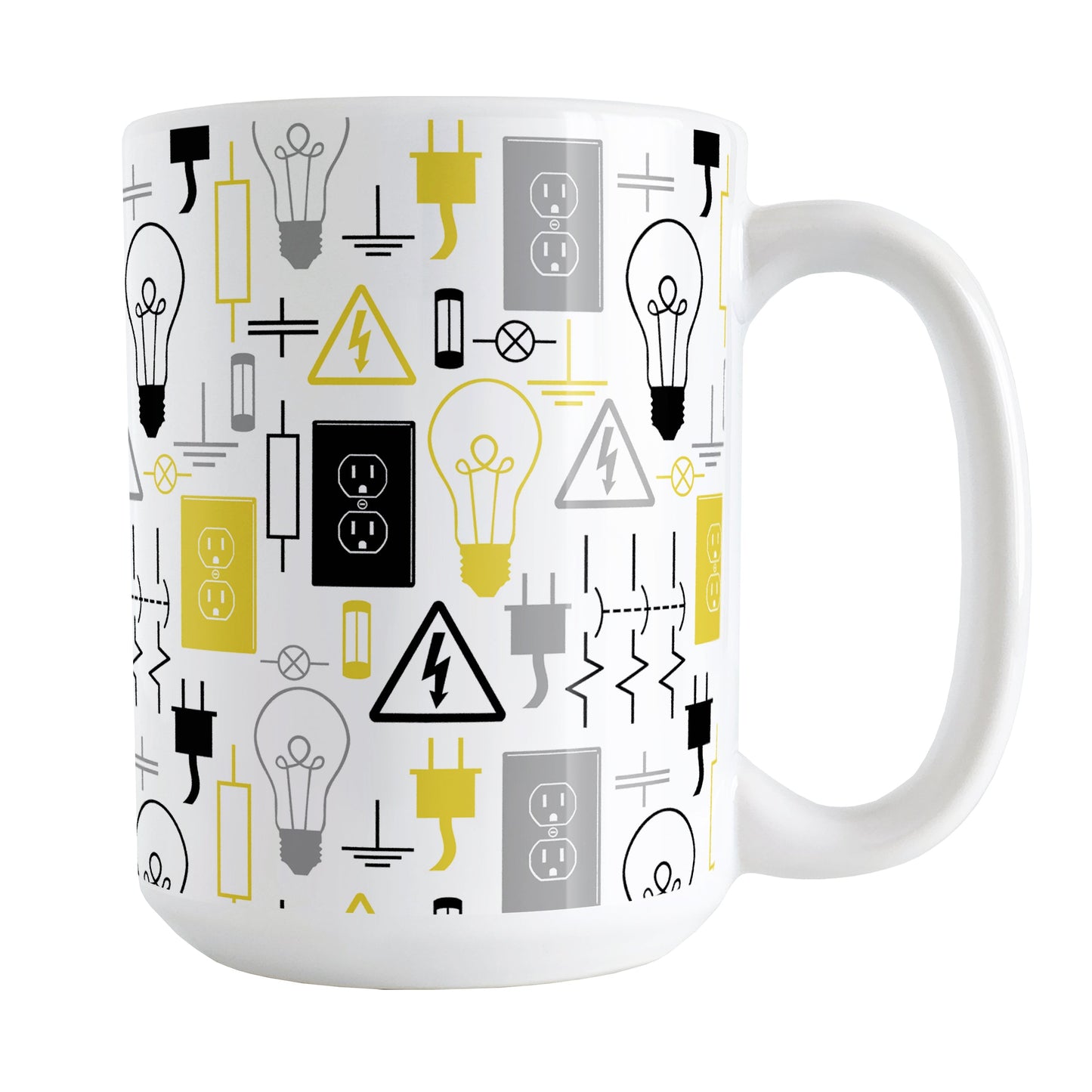 Yellow Electrical Pattern Mug (15oz) at Amy's Coffee Mugs. A ceramic coffee mug designed with an electrical pattern with light bulbs, wall sockets, plugs, fuses, and other electricity symbols in yellow, gray, and black colors. This mug is perfect for people who work a trade as an electrician or love working with electronics.