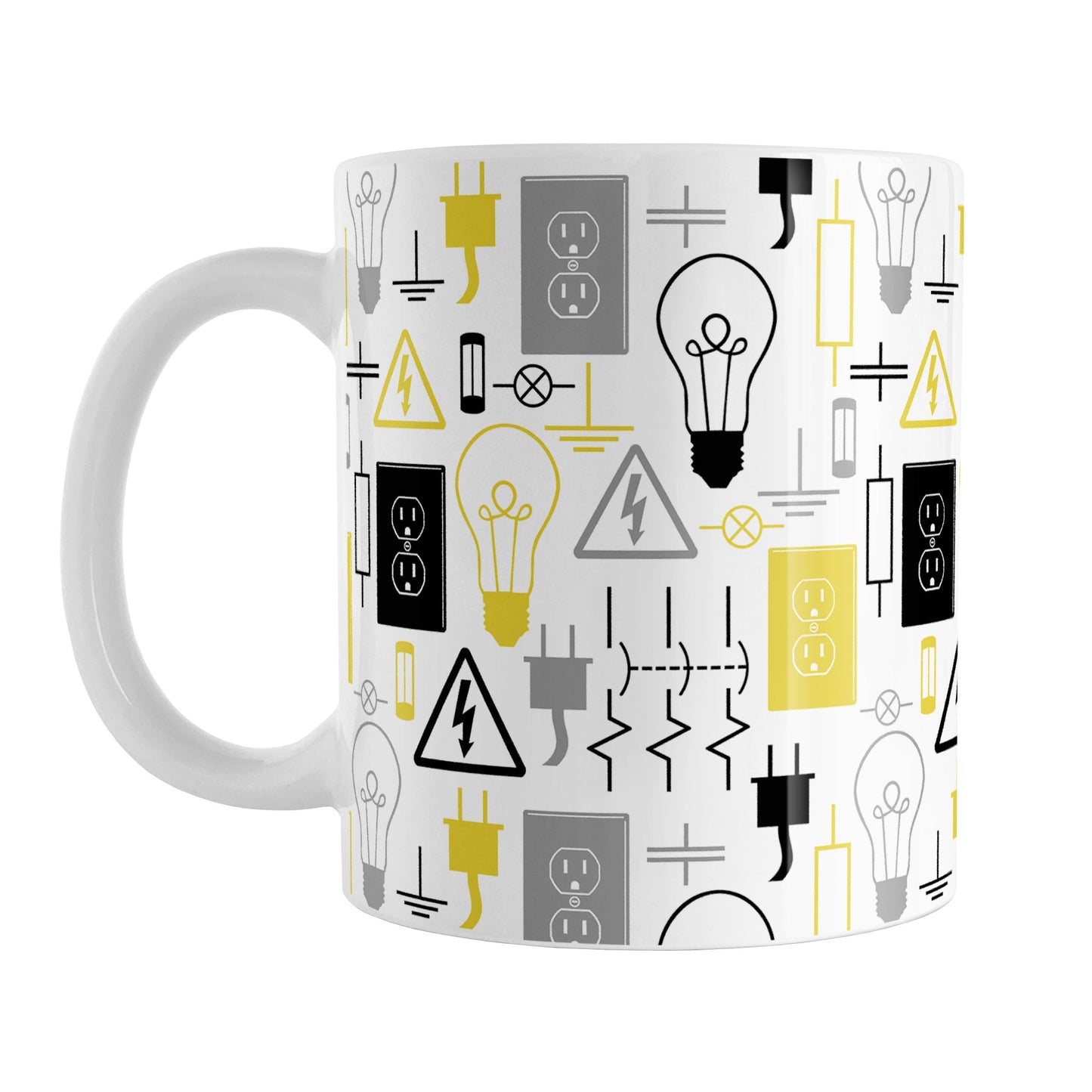 Yellow Electrical Pattern Mug (11oz) at Amy's Coffee Mugs. A ceramic coffee mug designed with an electrical pattern with light bulbs, wall sockets, plugs, fuses, and other electricity symbols in yellow, gray, and black colors. This mug is perfect for people who work a trade as an electrician or love working with electronics.