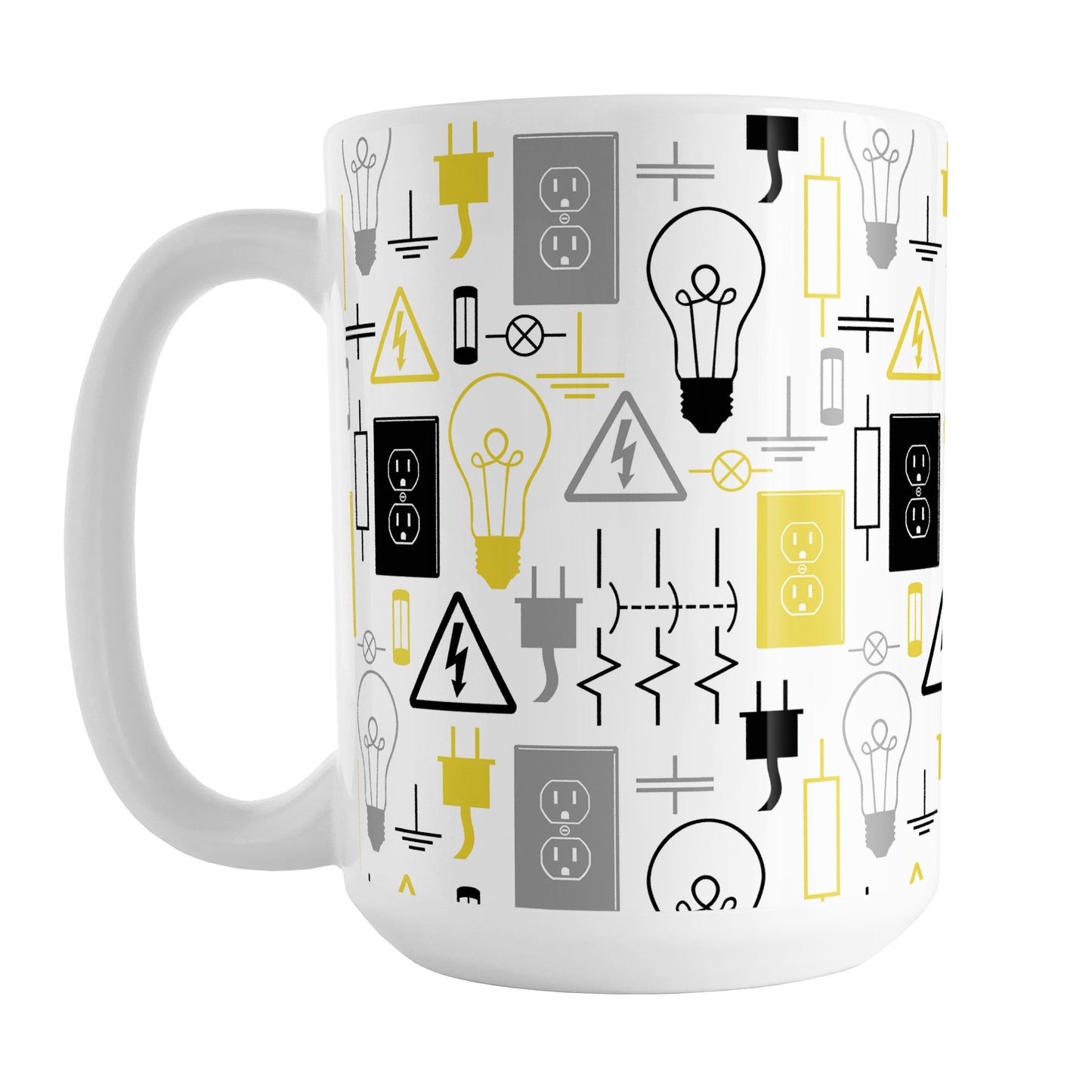 Yellow Electrical Pattern Mug (15oz) at Amy's Coffee Mugs. A ceramic coffee mug designed with an electrical pattern with light bulbs, wall sockets, plugs, fuses, and other electricity symbols in yellow, gray, and black colors. This mug is perfect for people who work a trade as an electrician or love working with electronics.