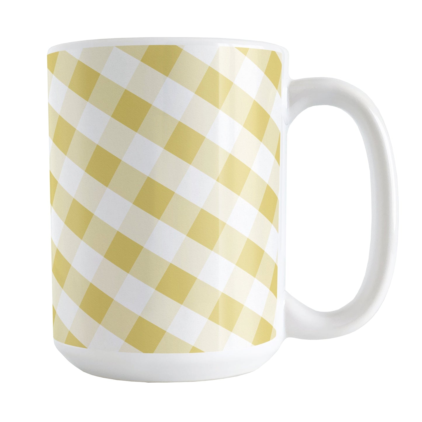 Yellow Gingham Mug (15oz) at Amy's Coffee Mugs. A ceramic coffee mug designed with a slanted yellow gingham pattern in yellow and white that wraps around the mug up to the handle.