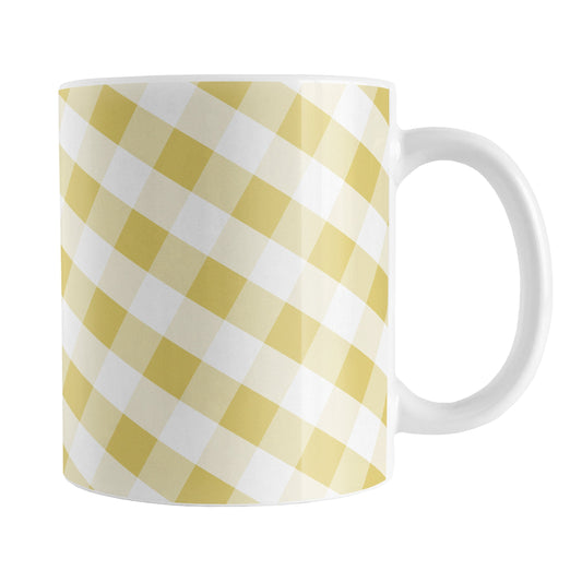Yellow Gingham Mug (11oz) at Amy's Coffee Mugs. A ceramic coffee mug designed with a slanted yellow gingham pattern in yellow and white that wraps around the mug up to the handle.