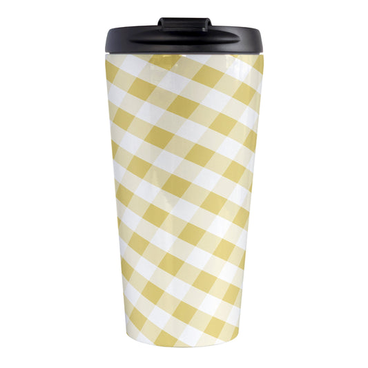 Yellow Gingham Travel Mug (15oz, stainless steel insulated) at Amy's Coffee Mugs. A travel mug designed with a slanted yellow gingham pattern in yellow and white that wraps around the travel mug.