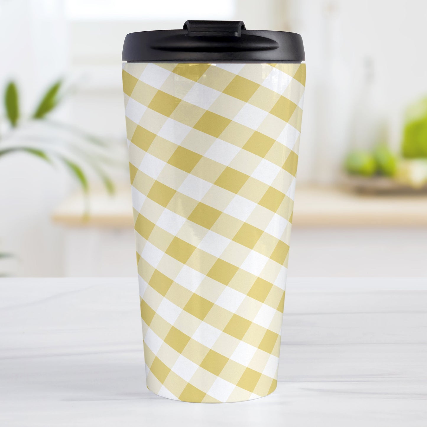 Yellow Gingham Travel Mug (15oz, stainless steel insulated) at Amy's Coffee Mugs. A travel mug designed with a slanted yellow gingham pattern in yellow and white that wraps around the travel mug.