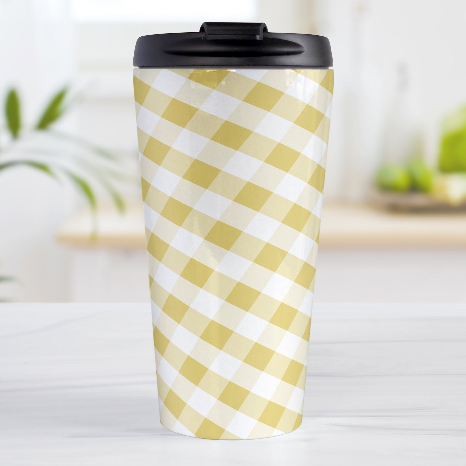 Yellow Gingham Travel Mug (15oz, stainless steel insulated) at Amy's Coffee Mugs. A travel mug designed with a slanted yellow gingham pattern in yellow and white that wraps around the travel mug.