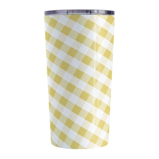 Yellow Gingham Tumbler Cup (20oz, stainless steel insulated) at Amy's Coffee Mugs. A tumbler cup designed with a slanted yellow gingham pattern in yellow and white that wraps around the cup.