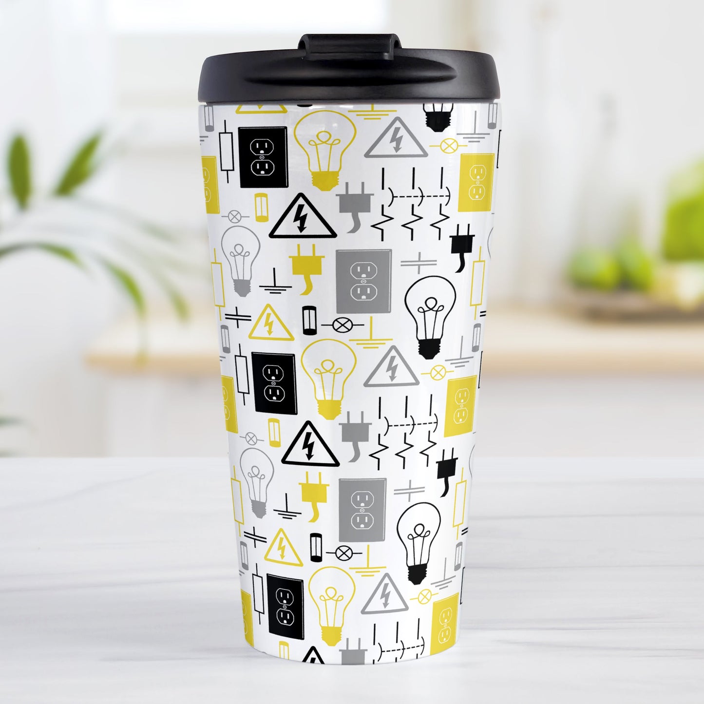Yellow Gray Electrical Electrician Travel Mug (15oz) at Amy's Coffee Mugs. A stainless steel travel mug designed with an electrical pattern with light bulbs, wall sockets, plugs, fuses, and other electricity symbols in yellow, gray, and black colors. This travel mug is perfect for people who work a trade as an electrician or love working with electronics.