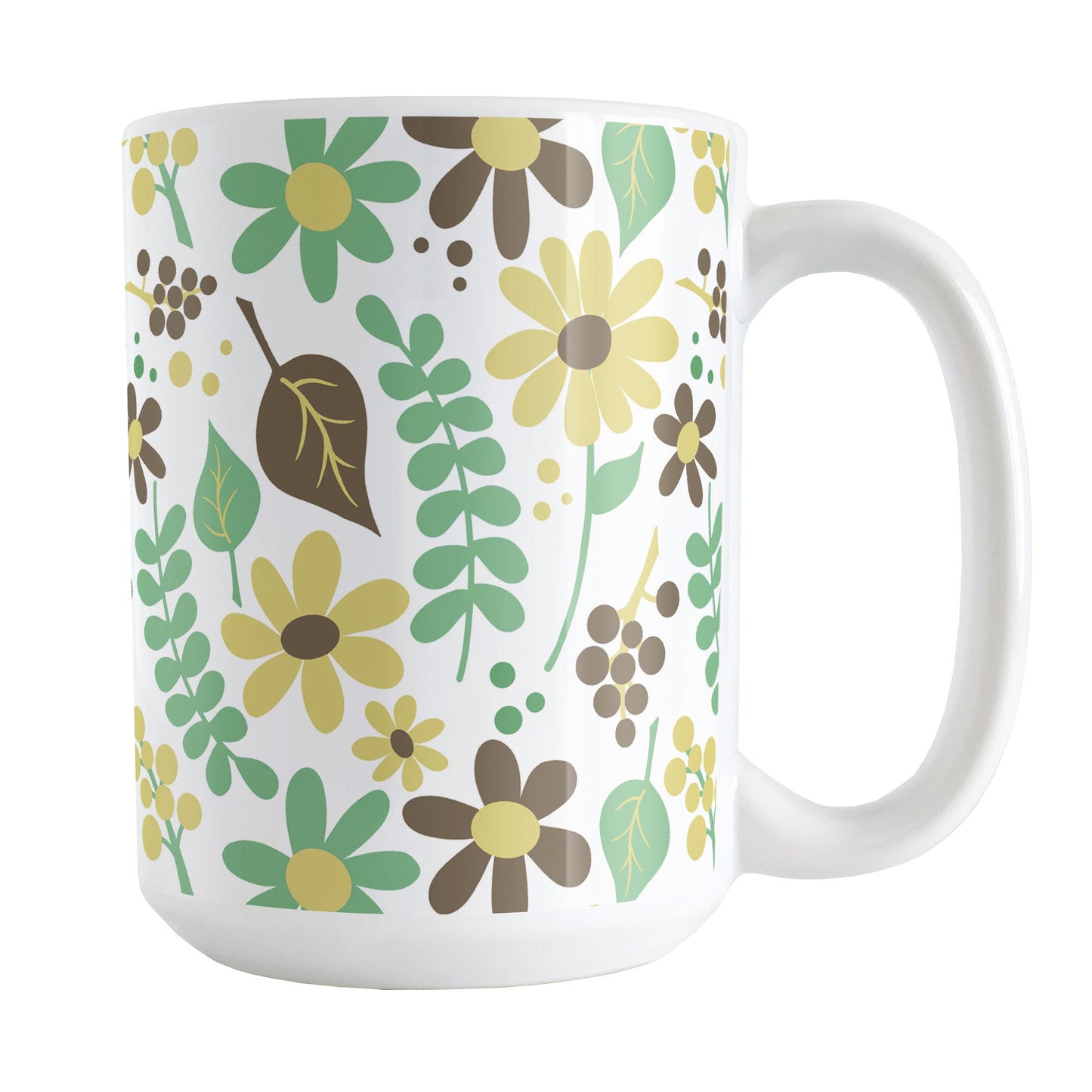 Yellow Green Brown Floral Pattern Mug (15oz) at Amy's Coffee Mugs. A ceramic coffee mug designed with a pretty floral pattern in yellow, green, and brown flowers and leaves that wraps around the mug up to the handle.